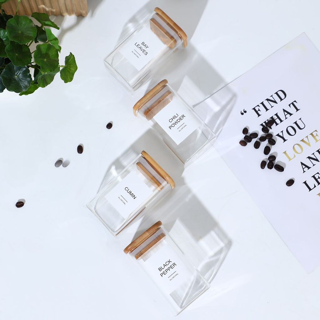 High Borosilicate Glass Spice Jar with Label and Bamboo Lid (24 x 8 Ounces), Spice Container with 72 Printed Labels and 20 Handwritten Labels, Empty Square Seasoning