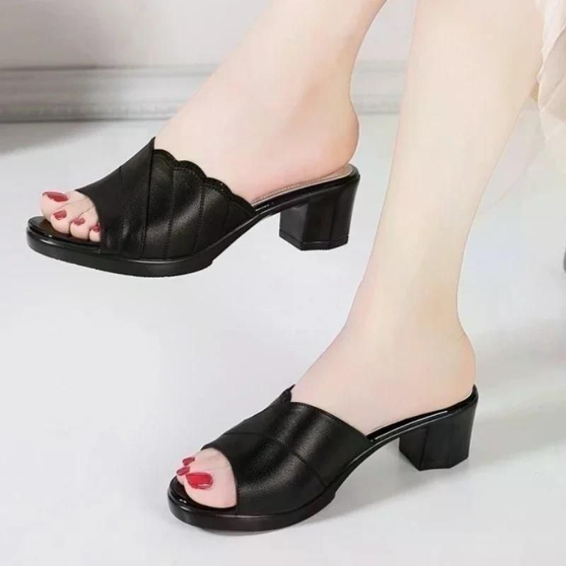 Shoes for Women Slippers 2023 Summer Woman Pumps Casual High Heels Solid Color Ladies Slipper Round Toe Slides Outside Pantuflas