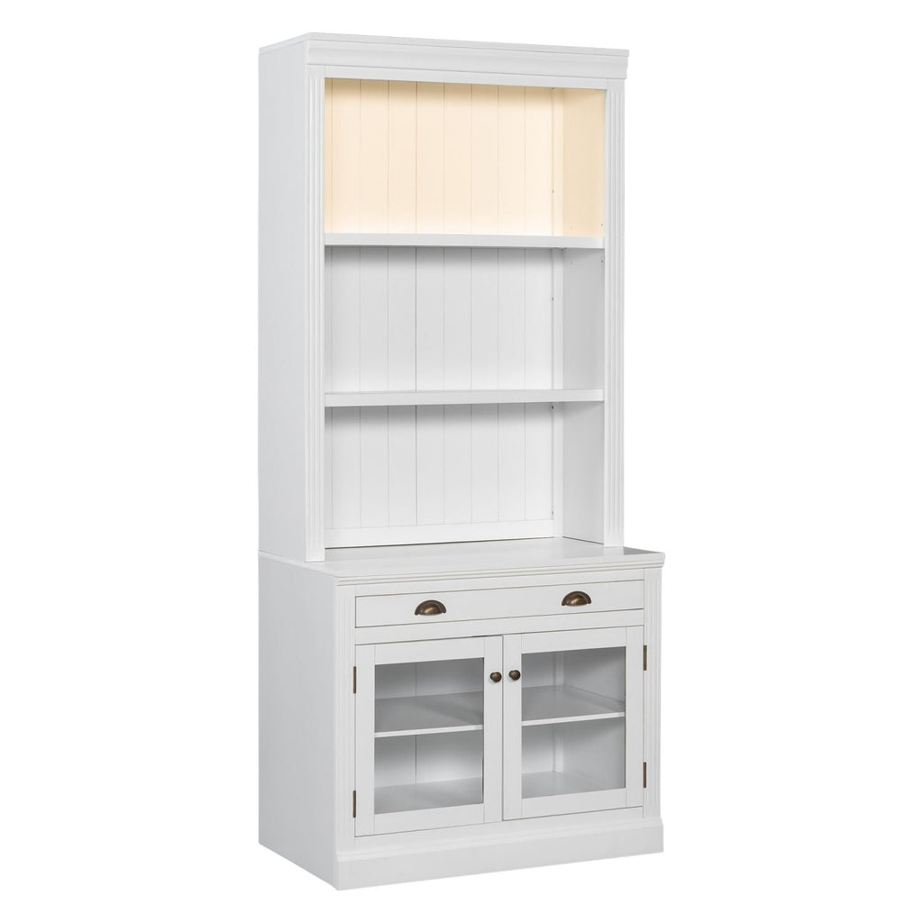 83.4"Tall Bookshelf with LED Lighting, Modern Bookcase with 2 Glass Doors and 1 Drawer,Storage Bookcase with Open Shelves for Living Room,Home Office,White