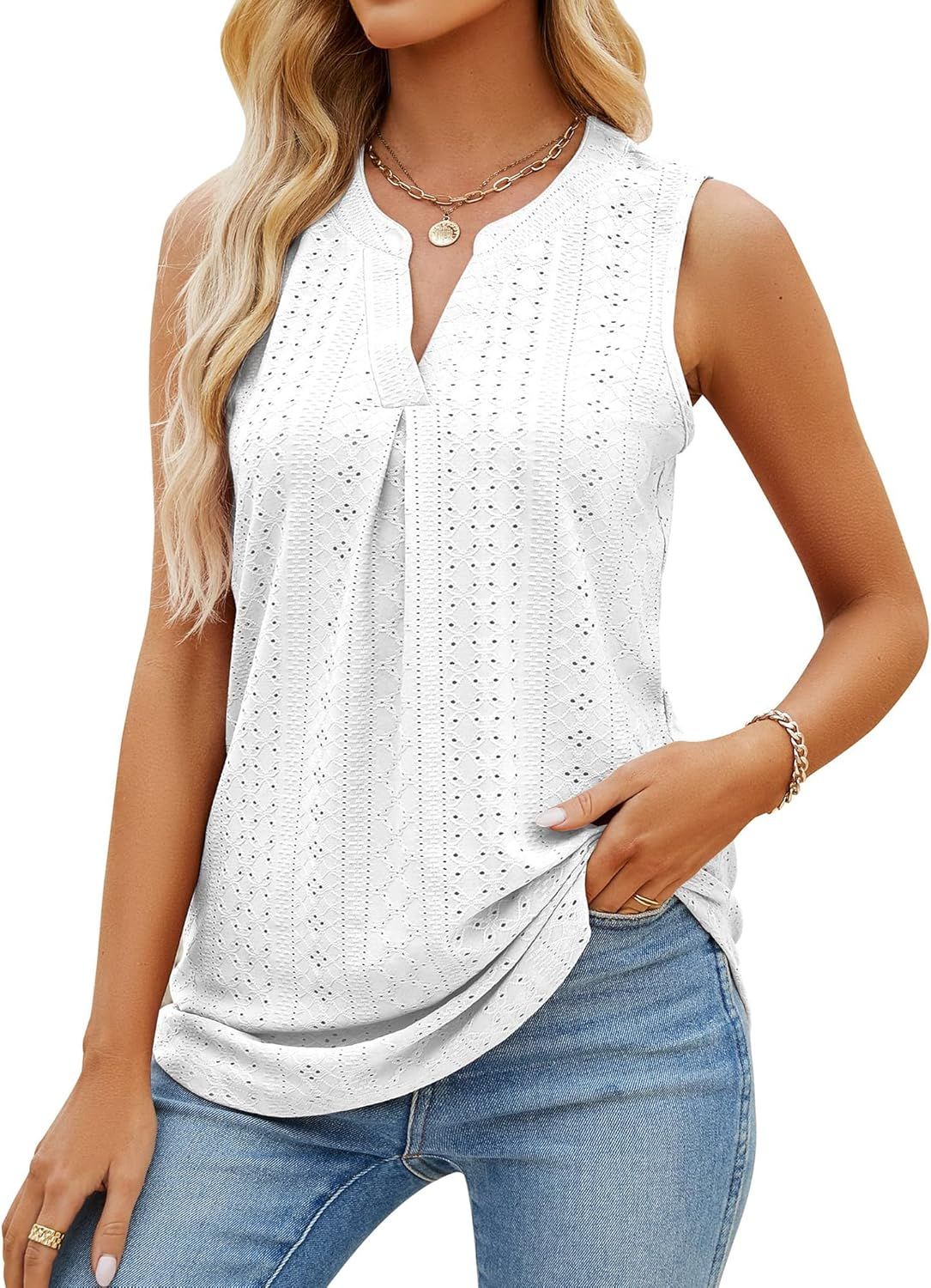 Sleeveless Tops for Women Dressy Casual Summer Blouses Trendy Eyelet Office Work Shirts
