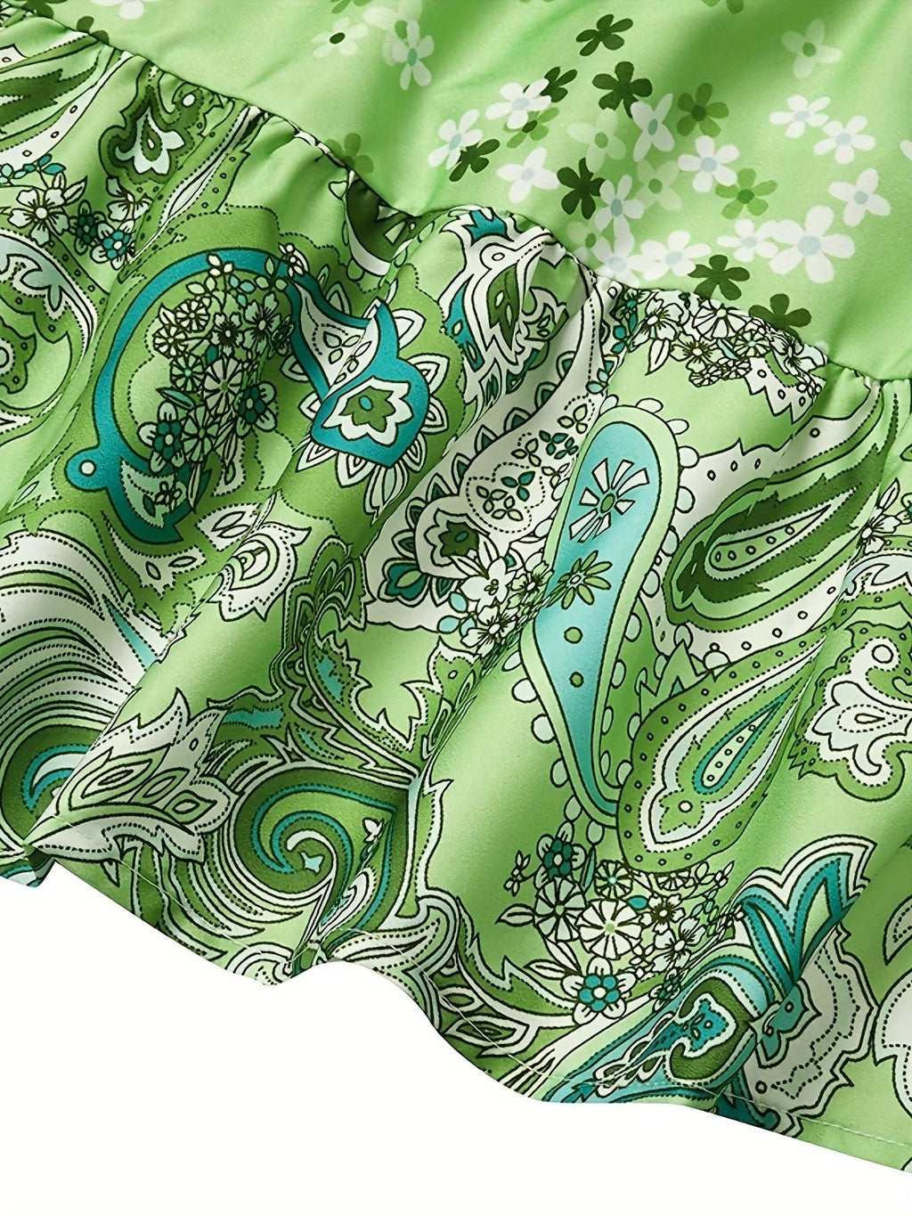 Floral Print Ruffle Hem Dress; Boho Holiday Long Sleeve V-neck Dress; Women's Clothing