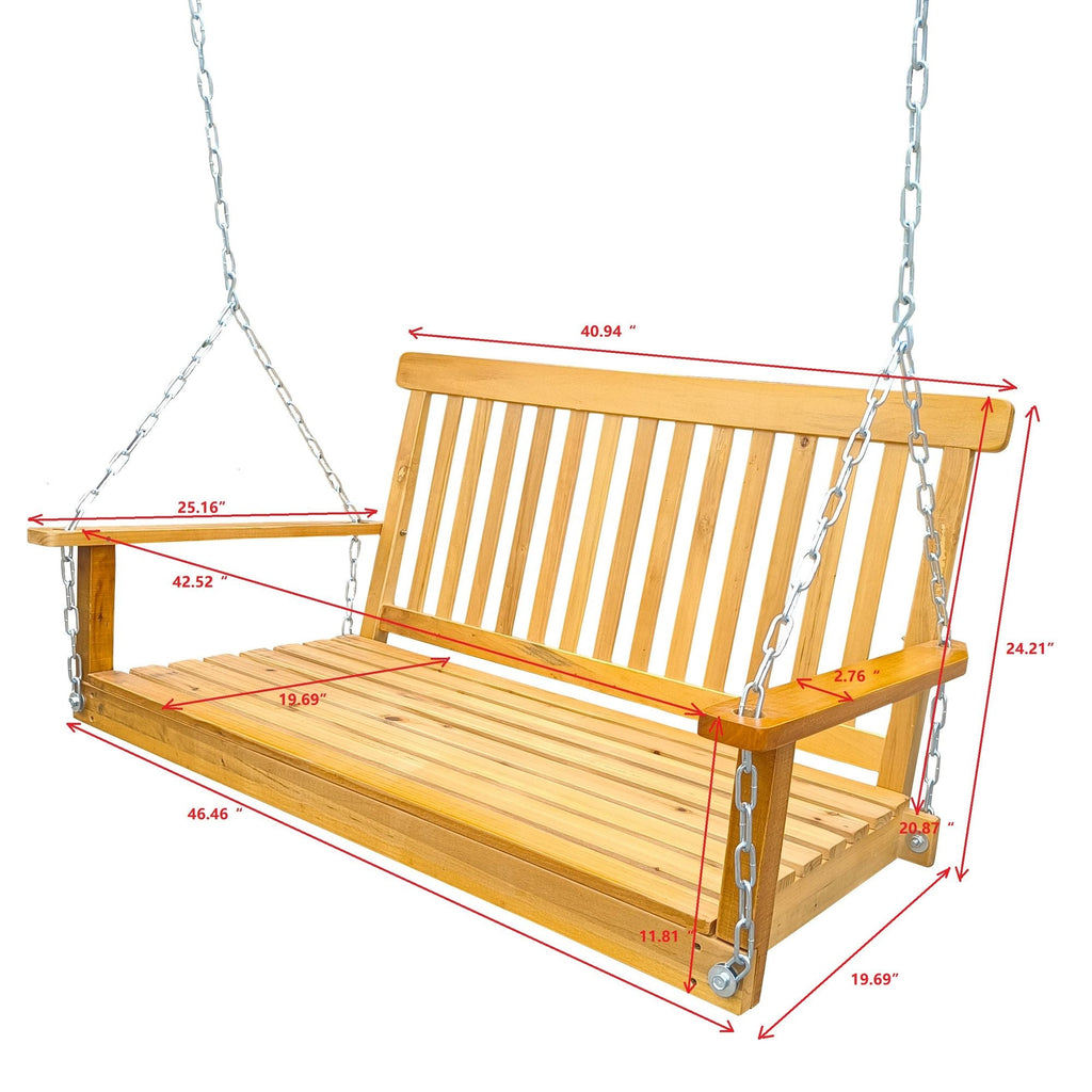 Front Porch Swing with Armrests;  Wood Bench Swing with Hanging Chains; for Outdoor Patio ; Garden Yard;  porch;  backyard;  or sunroom; Easy to Assemble; teak