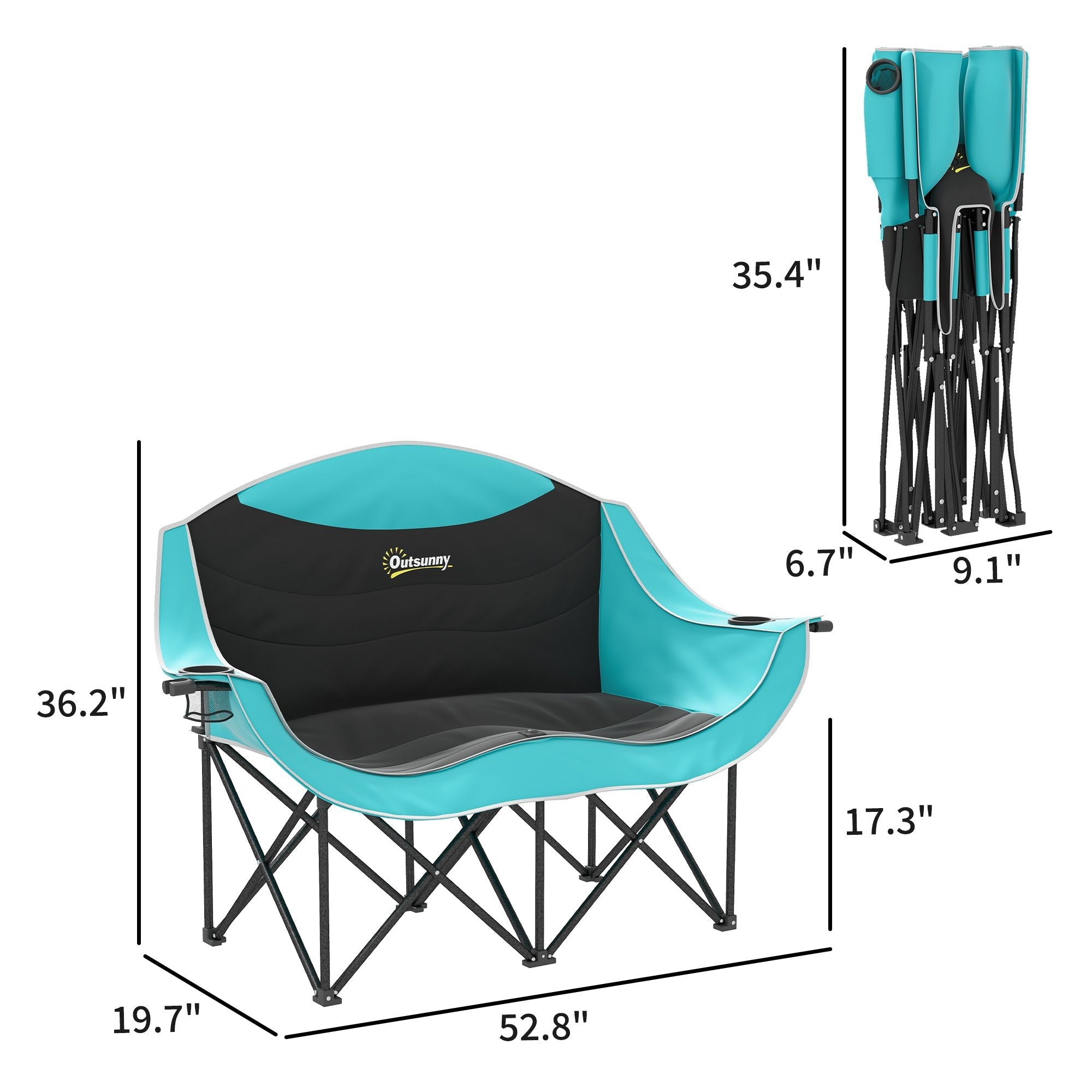 Padded Folding Camp Chair for Adults, Double Camping Chairwith Armrests, Cup Holders, Carry Bag for Outdoor, Green