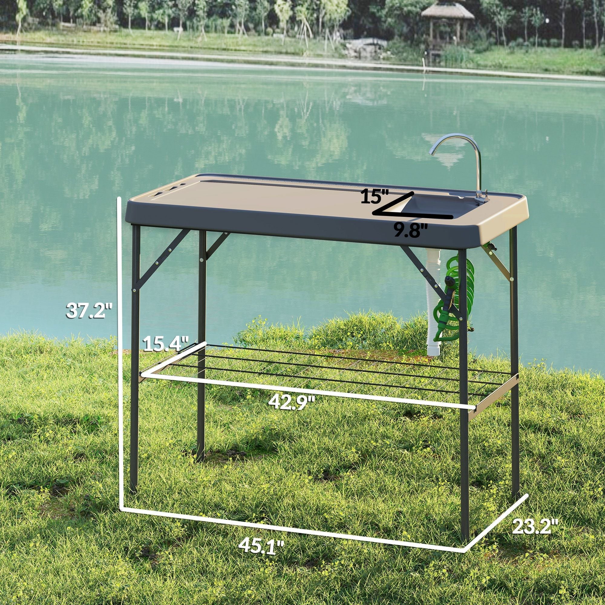 Folding Fish Cleaning Table with Sink, Portable Camping Table with Faucet, Drainage Hose, Sprayer and Shelf, Gray