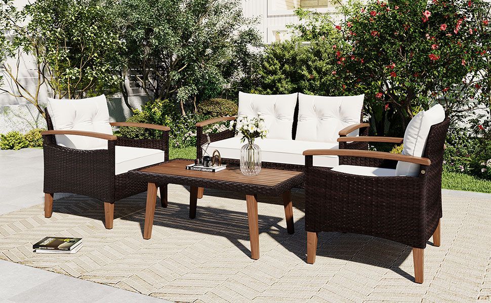 GO 4-Piece Garden Furniture, Patio Seating Set, PE Rattan Outdoor Sofa Set, Wood Table and Legs, Brown and Beige