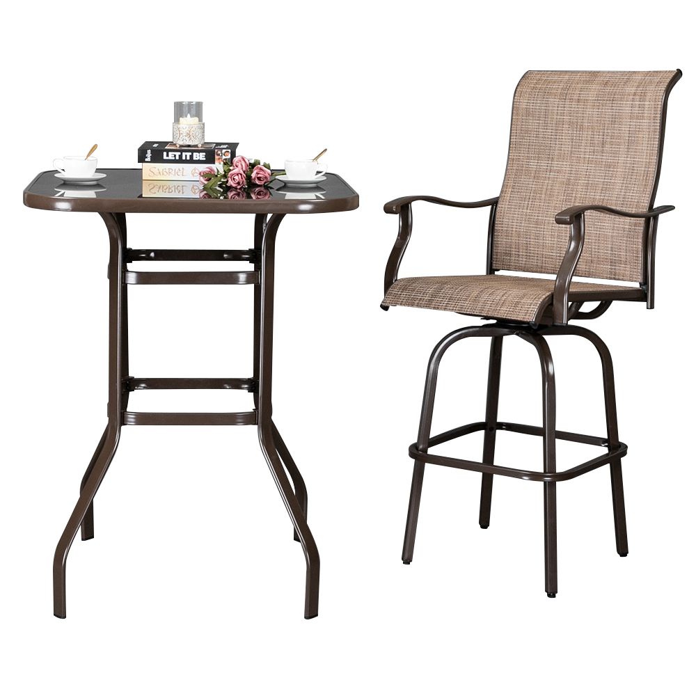 Wrought Iron Glass High Bar Table Patio Bar Table Brown