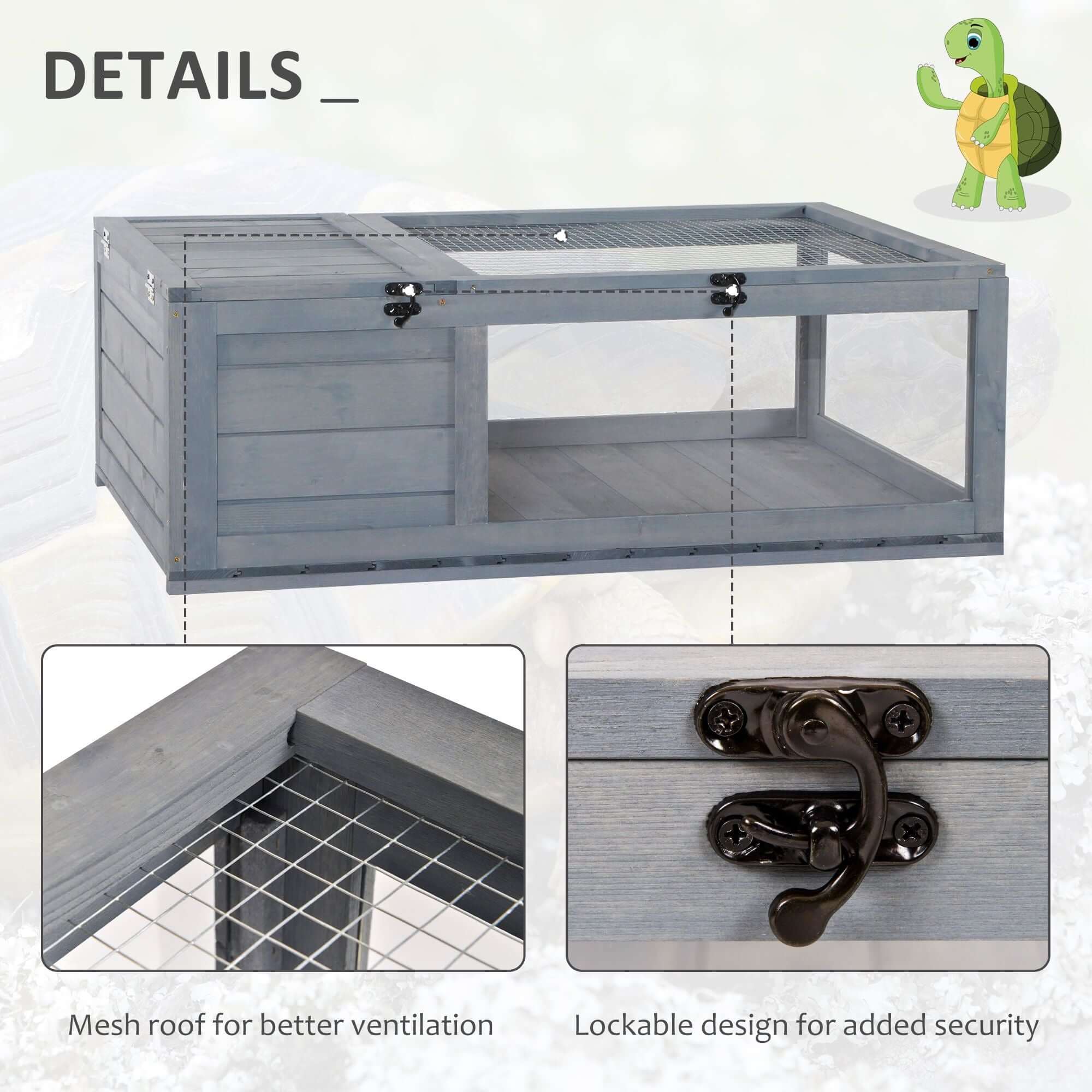 PawHut Wooden Tortoise House Indoor Turtle Habitat Enclosure Outdoor Reptile Cage Gray
