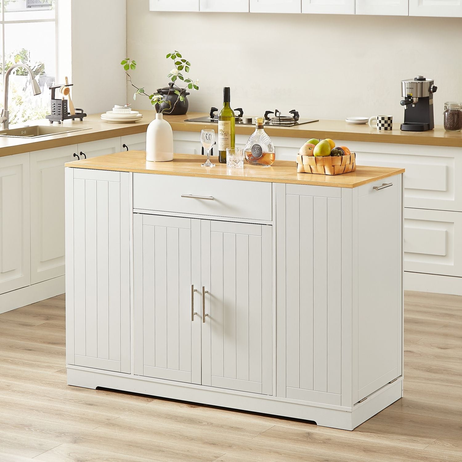 53'' Kitchen Storage Islands with Drawers and Trash Can Storage for Kitchen & Dining. Modern Farmhouse Design, White, 53.2"W x 20.9"D x 38.0"H.