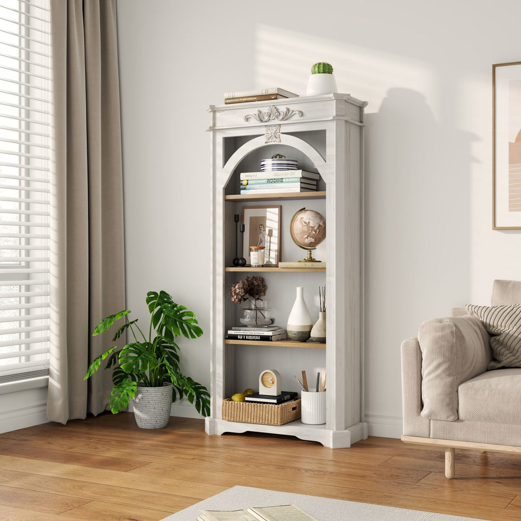 Antique 4 Tiers bookshelf,65 inch tall bookcase,tall floor standing bookcase for Home Office, Living Room, antique white