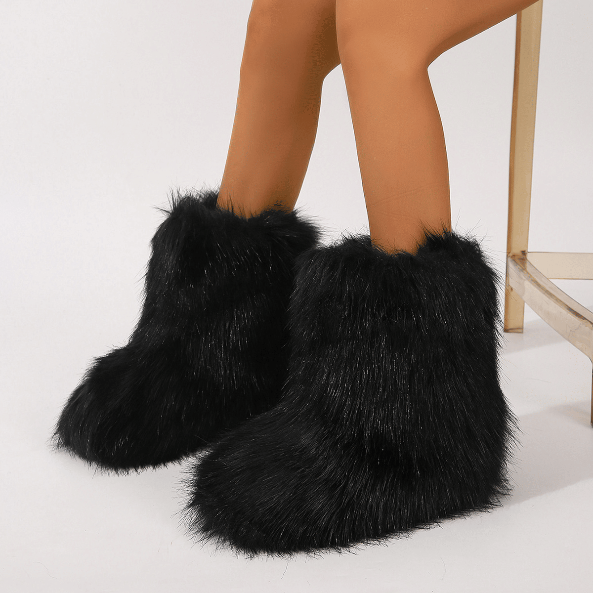 Women's Faux Fur Boot Furry Fluffy Round Toe Suede Winter Comfy Plush Warm Short Outdoor Indoor Flat Shoes Mid-Calf Boots
