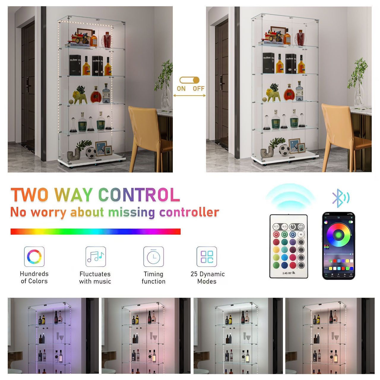 Tempered Glass Display Cabinet, Wine Cabinet, Storage Cabinet, File Cabinet with Bluetooth LED Light Strips, Lock on Door, Tempered Glass Top, Casters at Bottom for Easy Movement, Color: white