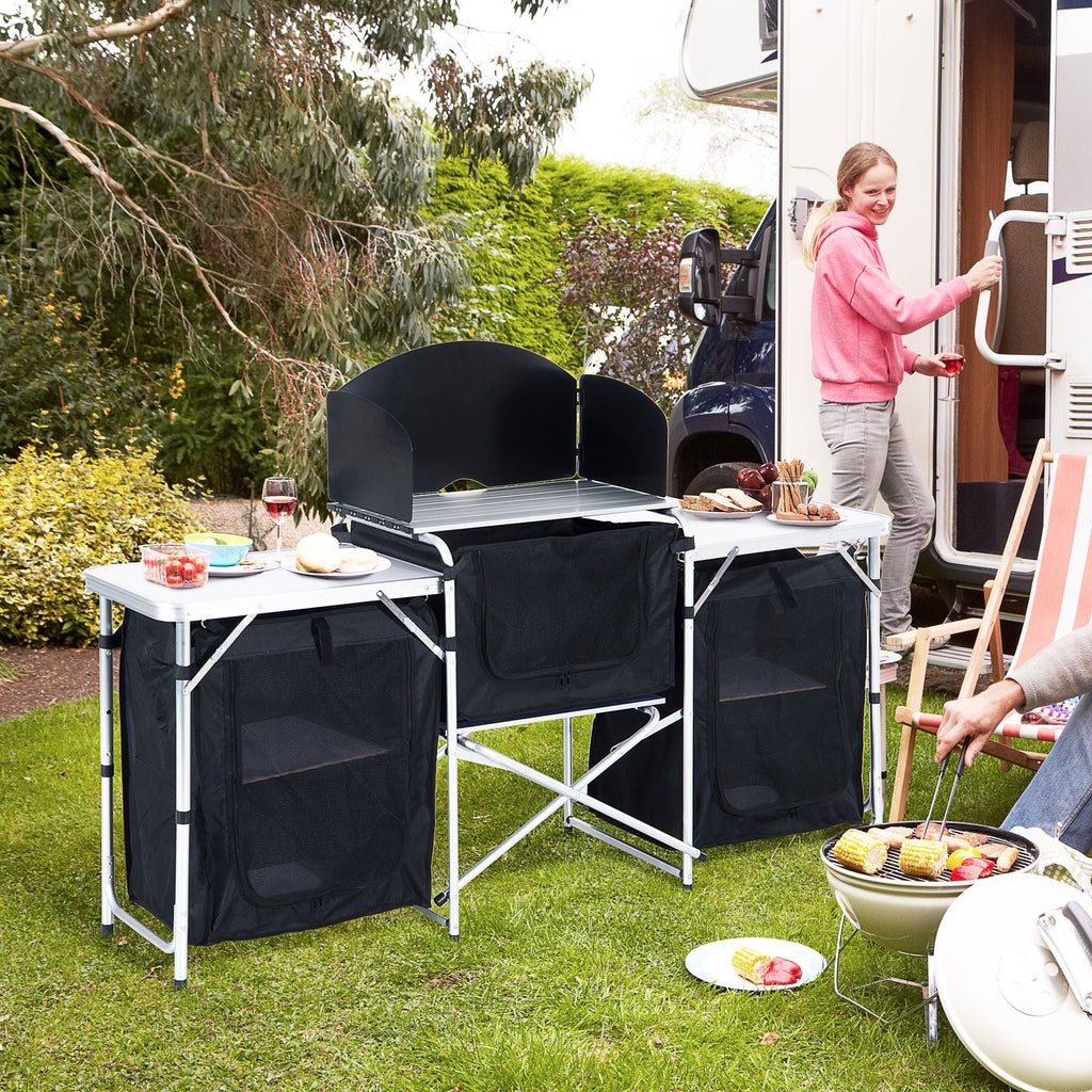 Portable Camping Kitchen Aluminum Table Windscreen 3 Cupboards BBQ Black