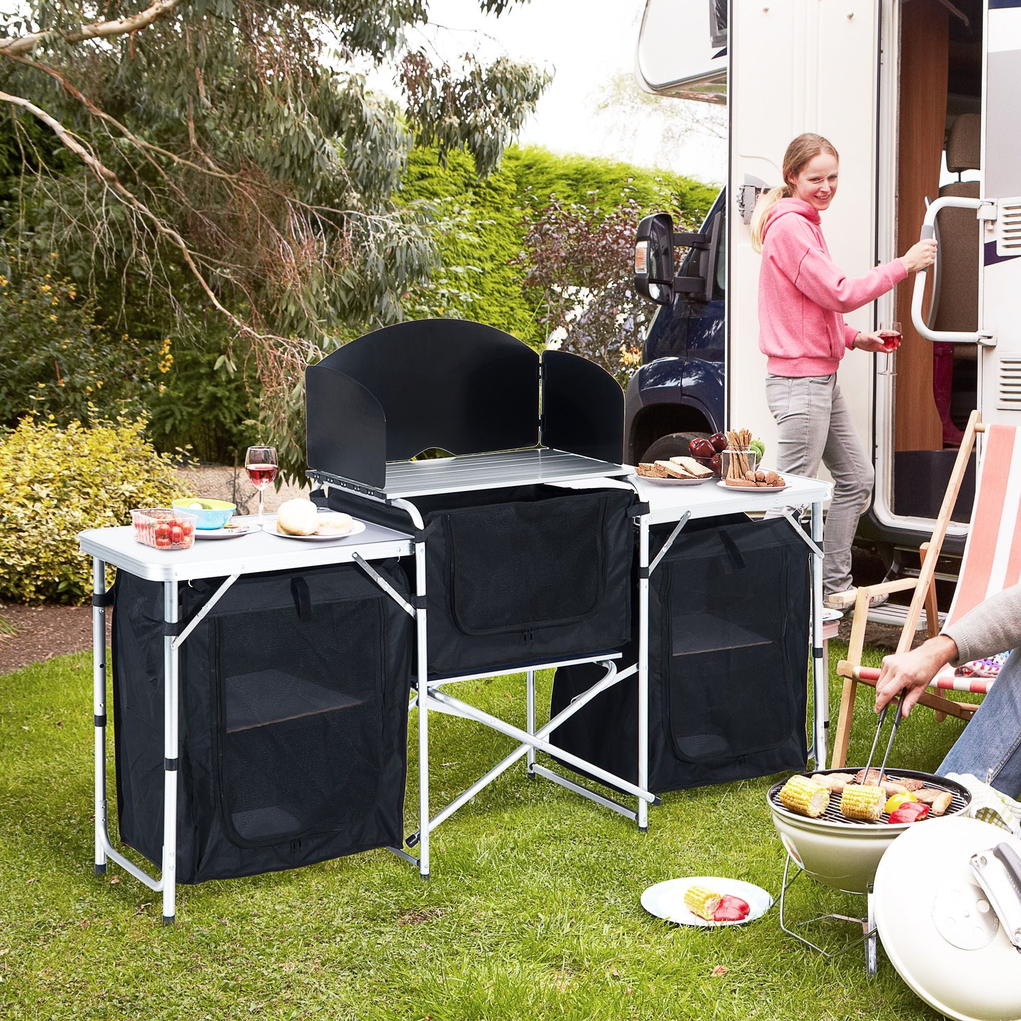 Portable Camping Kitchen Aluminum Table Windscreen 3 Cupboards BBQ Black