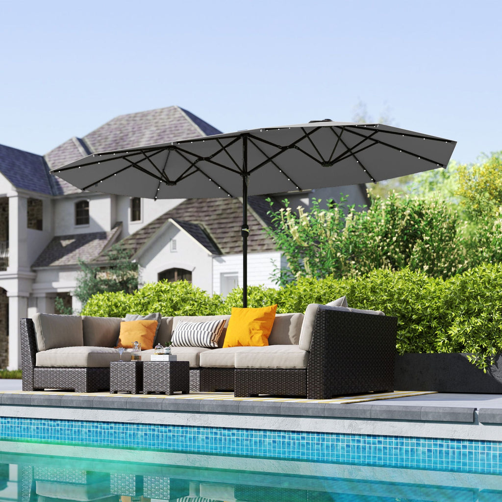 Outsunny Garden Parasol 14.4ft Double-Sided Sun Umbrella with Base, Patio Parasol with LED Solar Lights, Gray