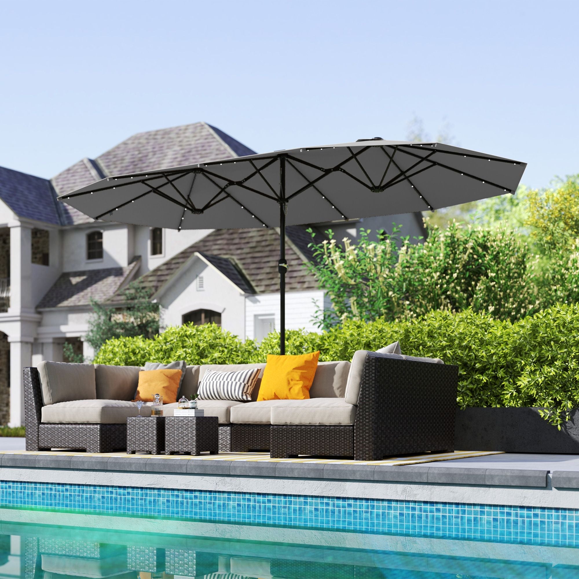 Outsunny Garden Parasol 14.4ft Double-Sided Sun Umbrella with Base, Patio Parasol with LED Solar Lights, Gray