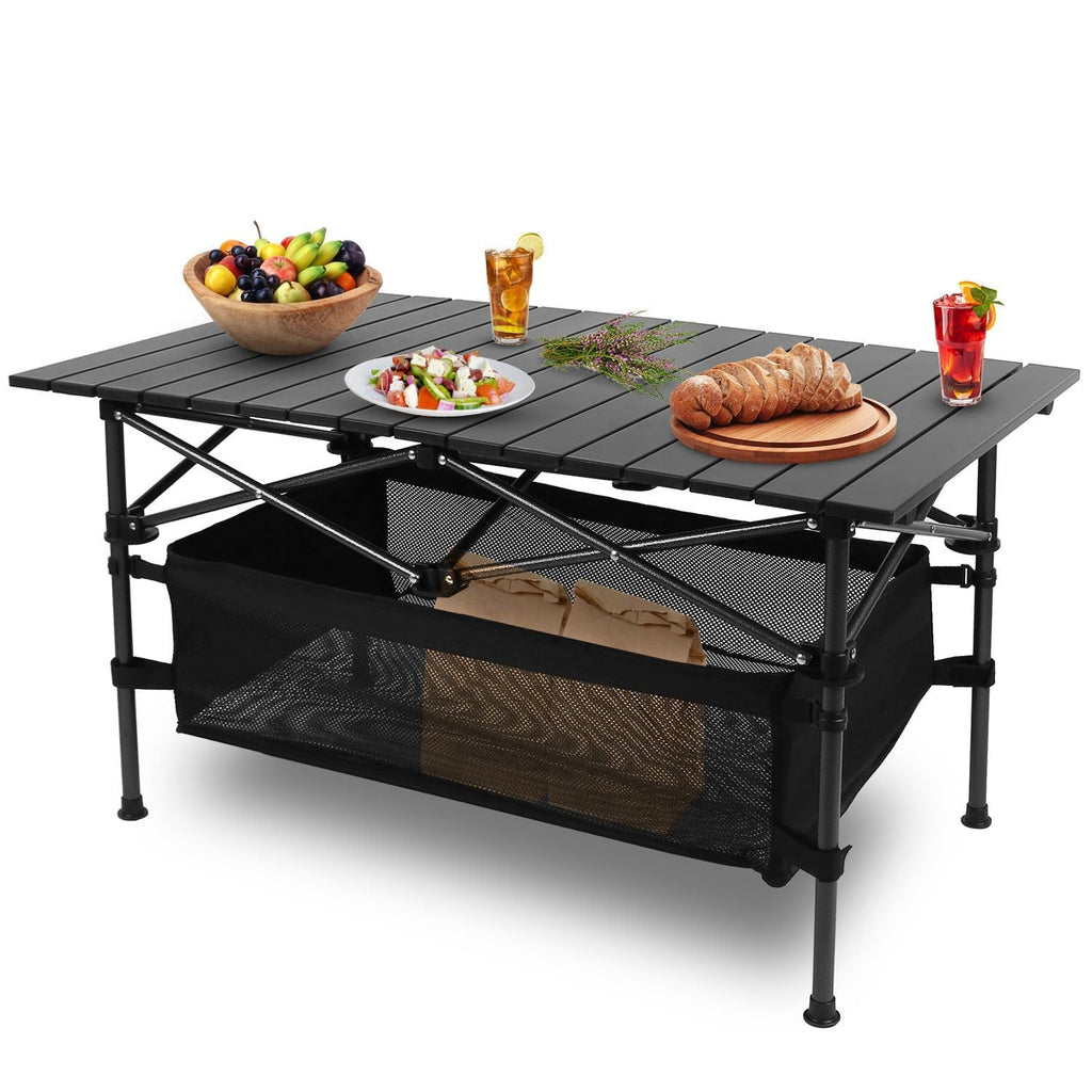 220 lb Capacity Foldable Camping Table | Aluminum Top & Steel Frame with Mesh Basket | Portable BBQ/Picnic/Beach Table Includes Carry Bag