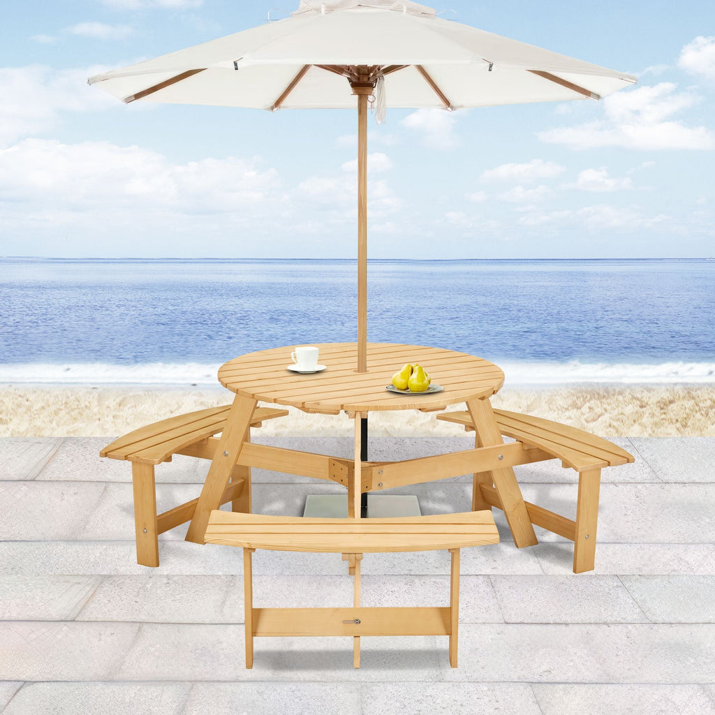 Outdoor 6 Person Picnic Table, 6 person Round Picnic Table with 3 Built-in Benches, Umbrella Hole, Outside Table and Bench Set for Garden, Backyard, Porch, Patio, Natural