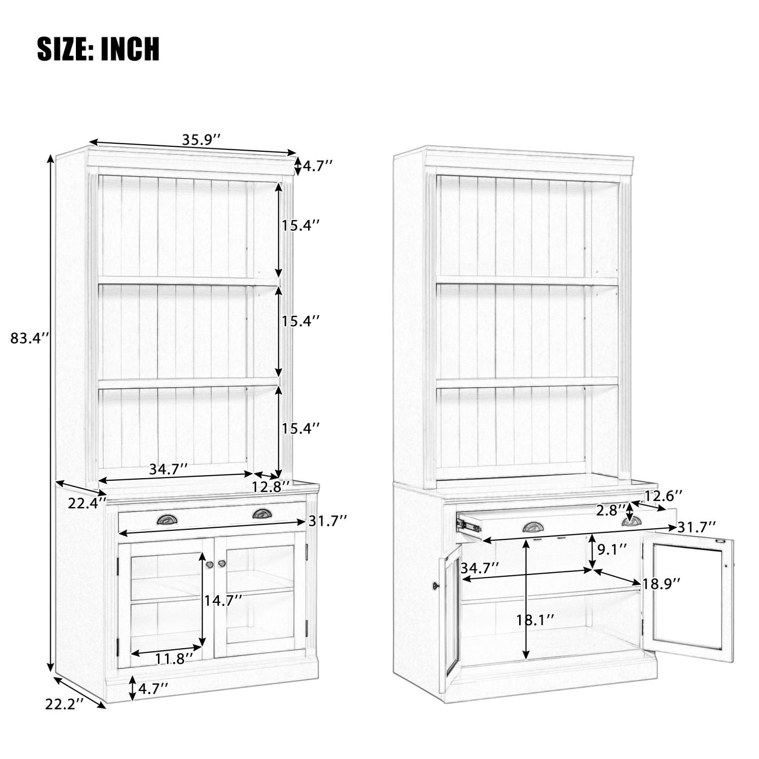 83.4"Tall Bookshelf with LED Lighting, Modern Bookcase with 2 Glass Doors and 1 Drawer,Storage Bookcase with Open Shelves for Living Room,Home Office,White