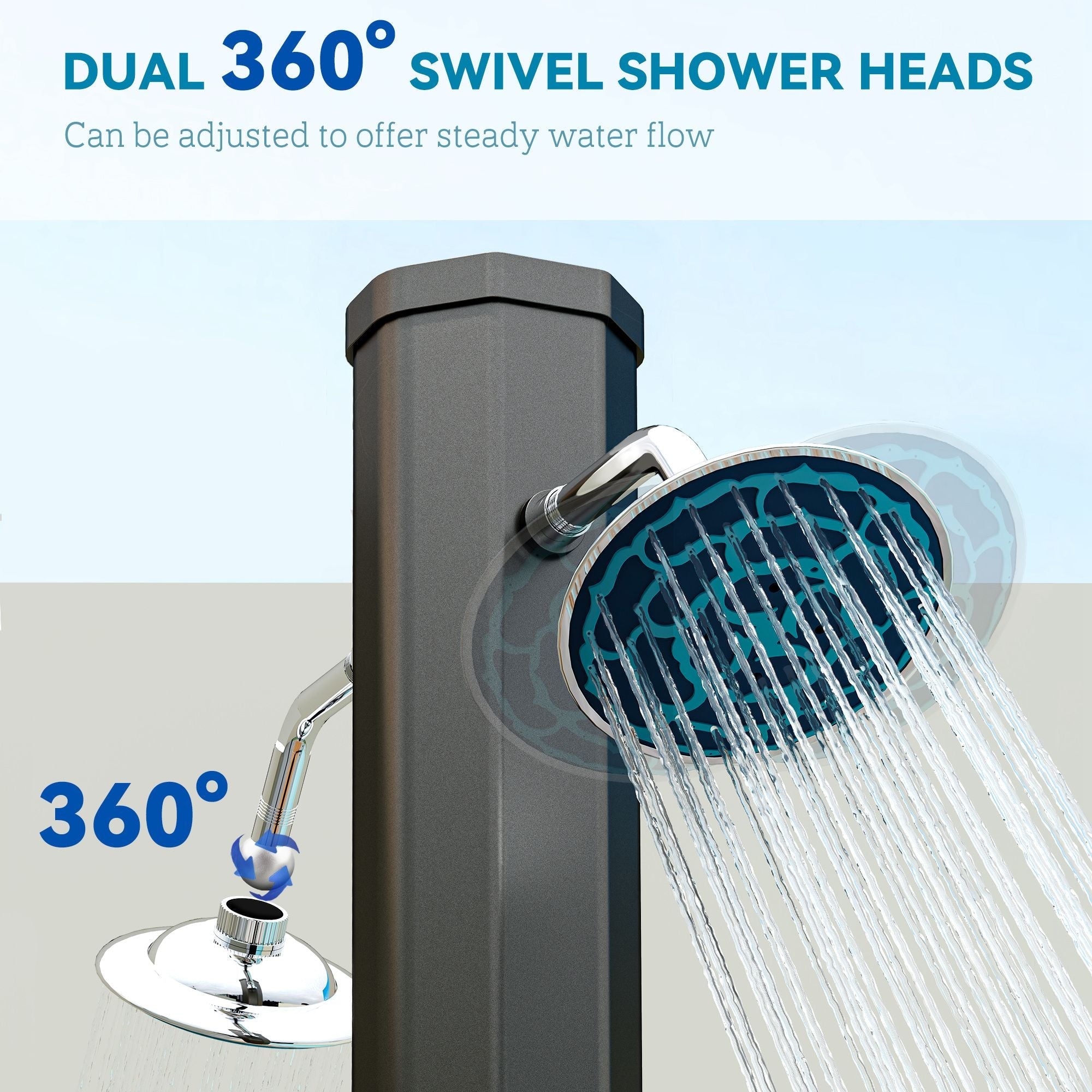 9.2 Gallon Slolar Heated Outdoor Shower with 2 Free-Rotating Shower Heads & Foot Showers for Poolside Beach Spa, 7.1ft
