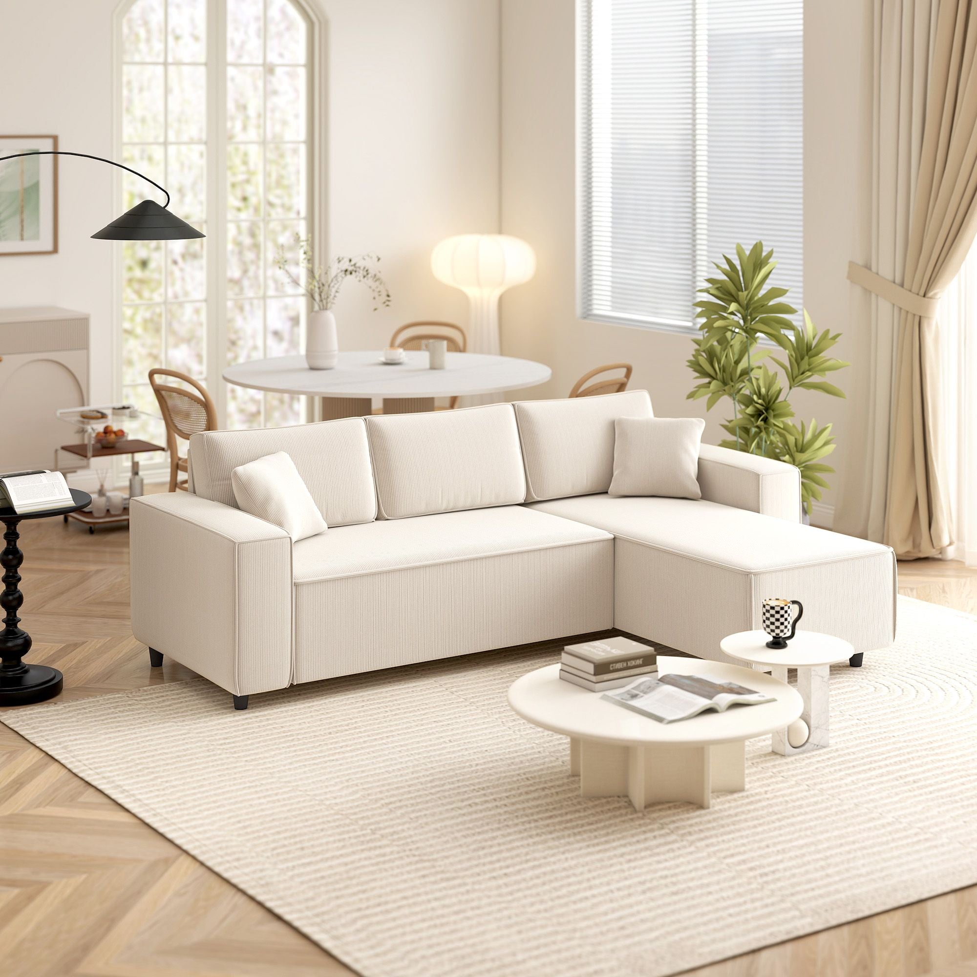 HOMCOM Corner Sofa with Reversible Chaise Lounge, Corduroy L-Shaped Sectional Sofa with Pocket Spring, Cream White