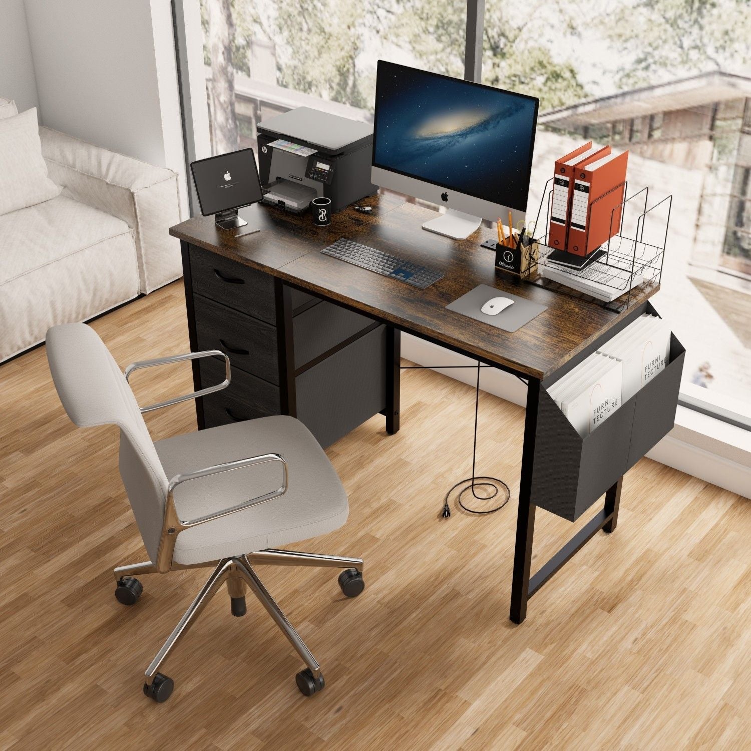 47.3"office desk with power outlet,3drawers and Side Pocket, Easy to Assemble,Frame stability Reversible for Home Office Study,Rustic Brown