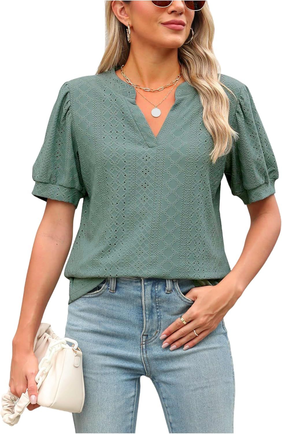Womens Summer Tops, V Neck Ruffle Sleeve Blouses, Short Sleeve Casual Tops T-Shirts