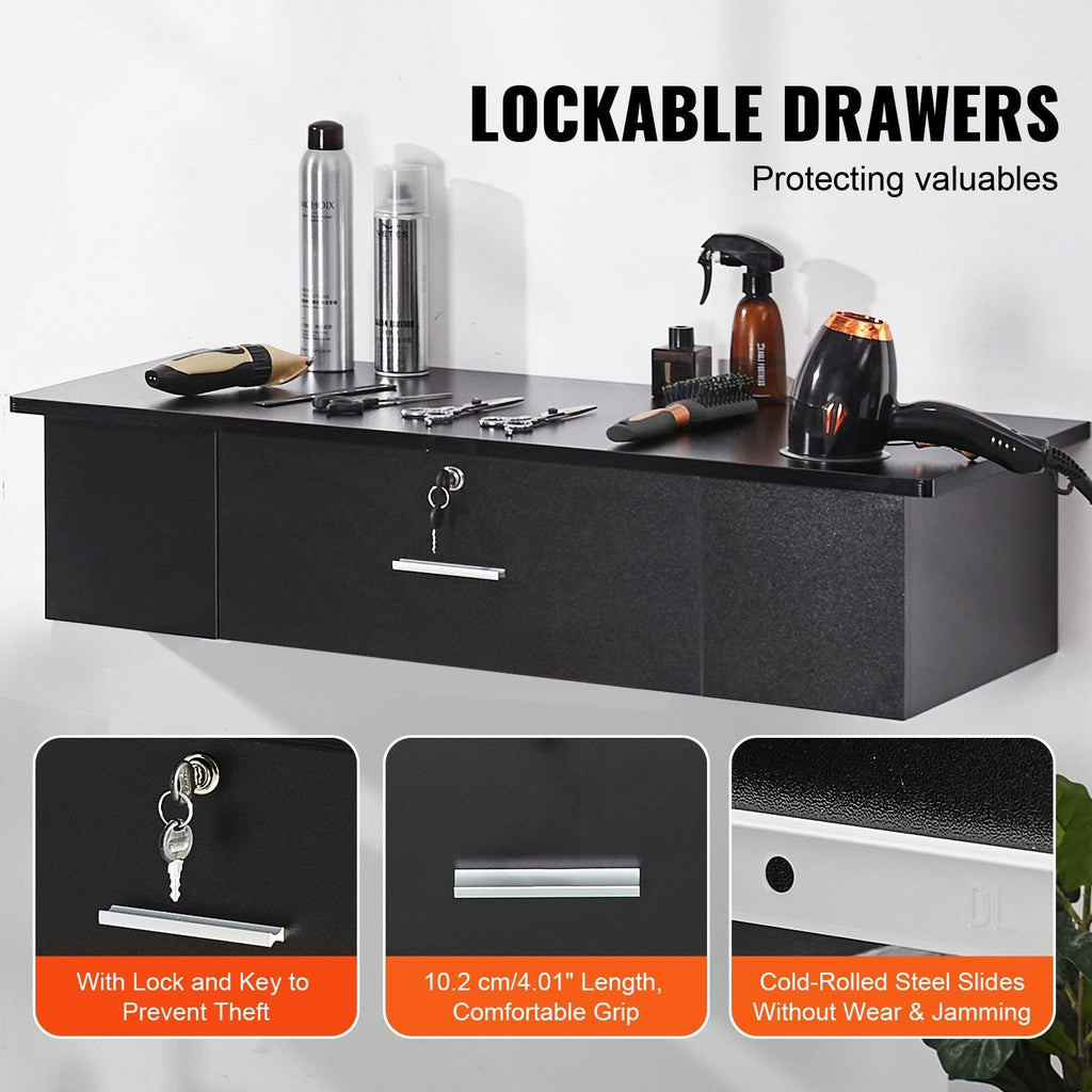 VEVOR Wall-Mounted Salon Workstation, Equipped with 3 Holders for Hair Dryers, Secure Drawer with Lock, Ideal for SPA, Hairdressing Salons, Home & Bathroom Use, in Sleek Black