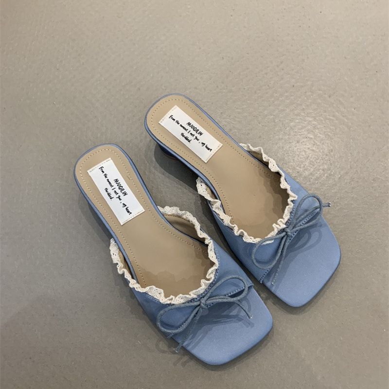 Designer Summer Butterfly-knot Lace Women Slippers Casual Thick Low Heel Dress Street Style Slides