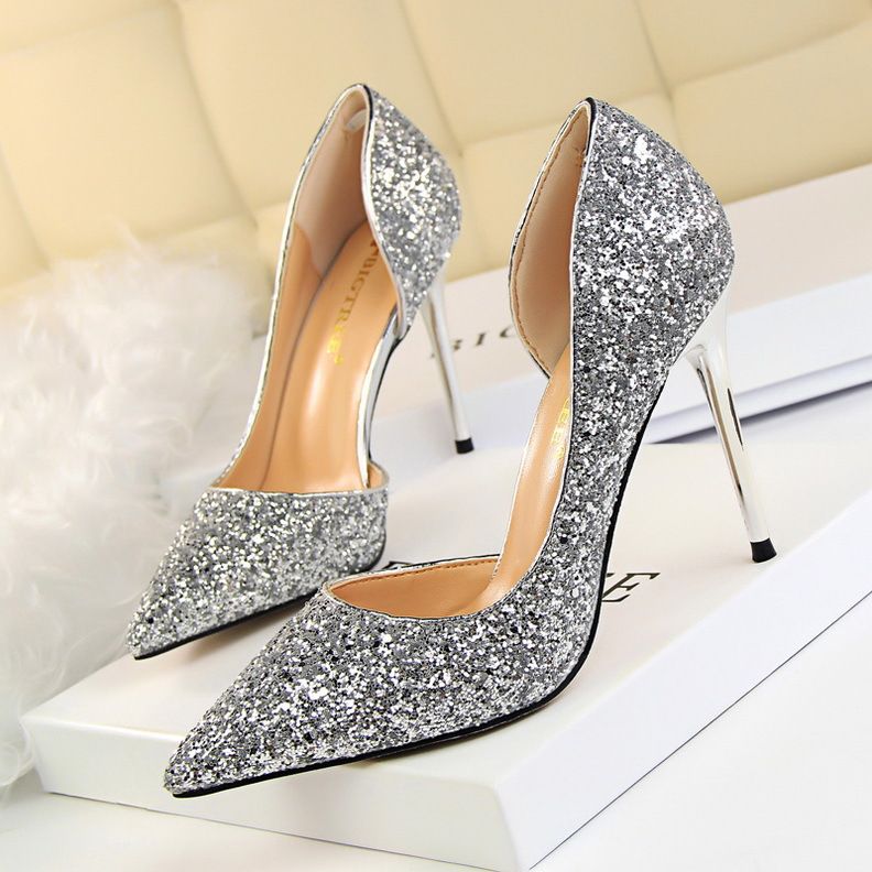 Women's Pumps; sexy women's high-heeled shoes; thin heel pointed leather shoes; hollow sides; sequins decoration