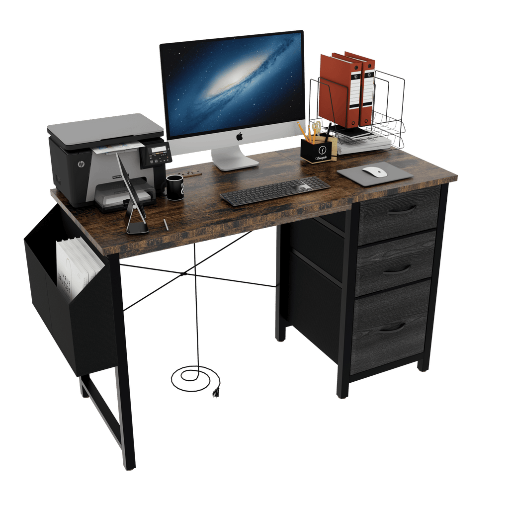 47.3"office desk with power outlet,3drawers and Side Pocket, Easy to Assemble,Frame stability Reversible for Home Office Study,Rustic Brown