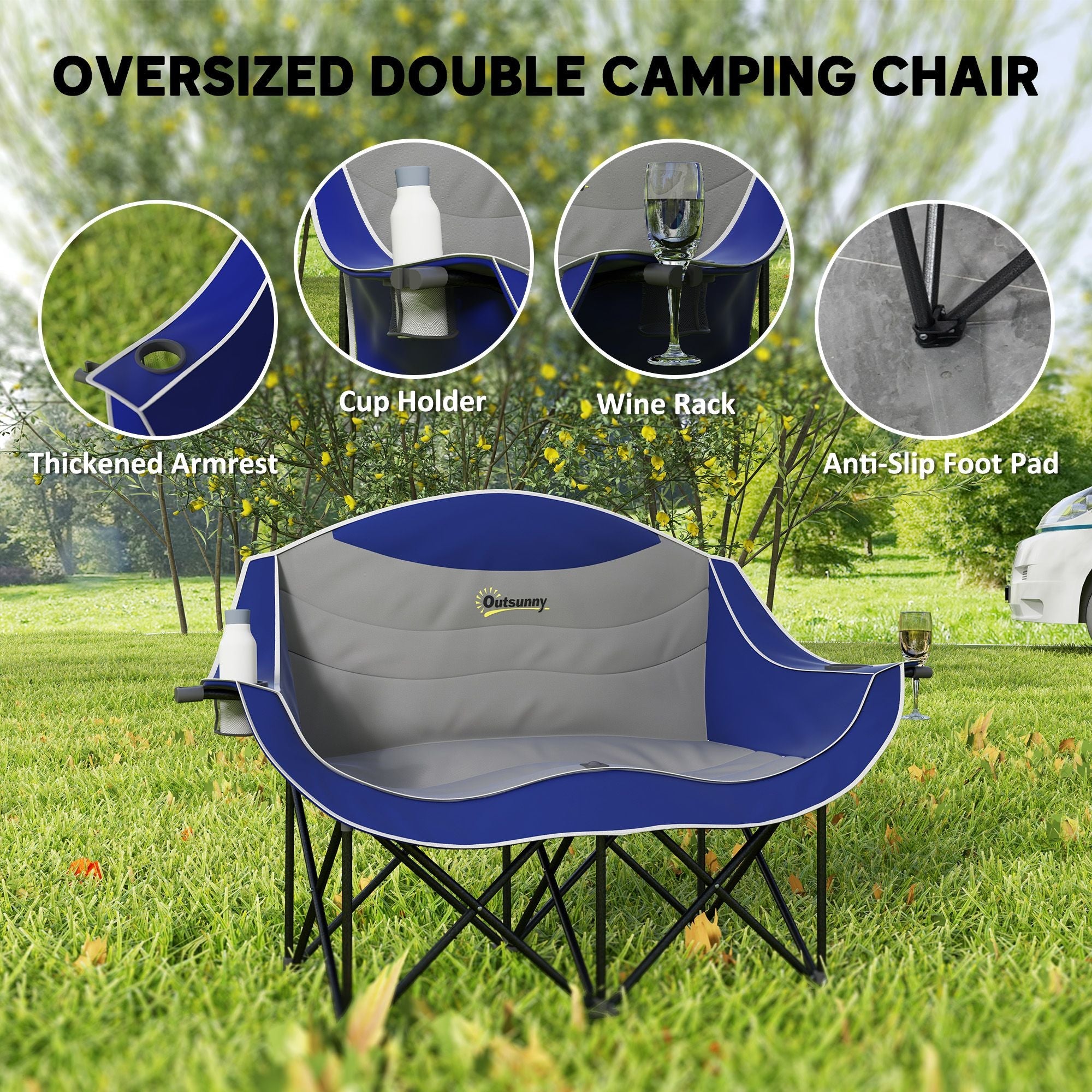 Padded Folding Camp Chair for Adults, Double Camping Chairwith Armrests, Cup Holders, Carry Bag for Outdoor, Blue