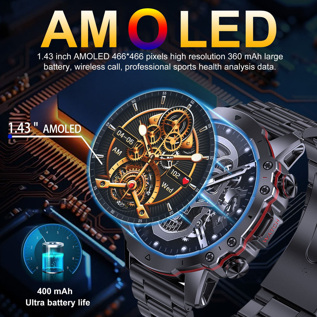 Smart Watch for Men, 1.43" AMOLED HD Full Touch Screen, 100+ Sports Modes, Answer Calls Wirelessly, Fitness Tracker Pedometer Customizable Faces, Compatible With IOS and Android