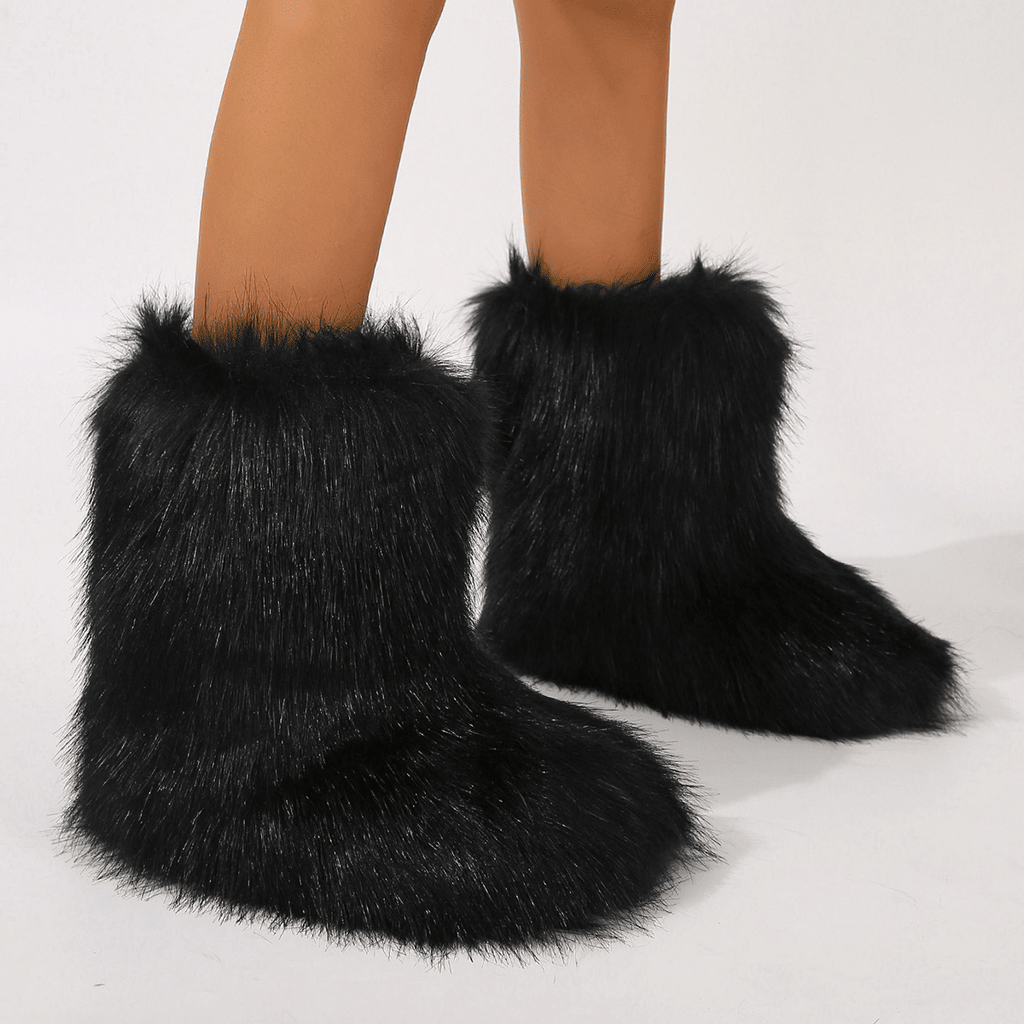 Women's Faux Fur Boot Furry Fluffy Round Toe Suede Winter Comfy Plush Warm Short Outdoor Indoor Flat Shoes Mid-Calf Boots