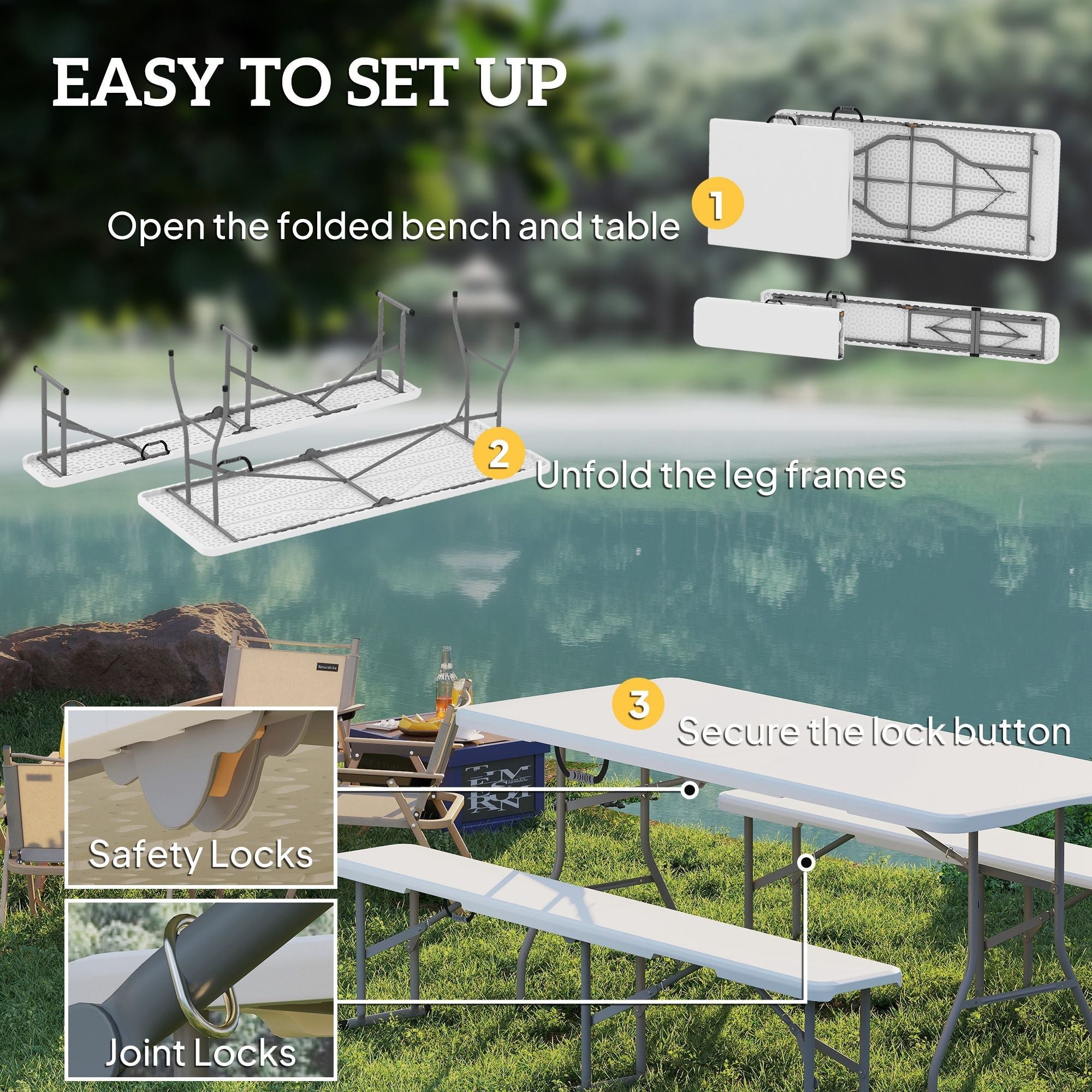 6FT 3 PCS Portable Camping Table and Chairs, Folding Picnic Table Bench Set with Carrying Handles for BBQ, Party, White