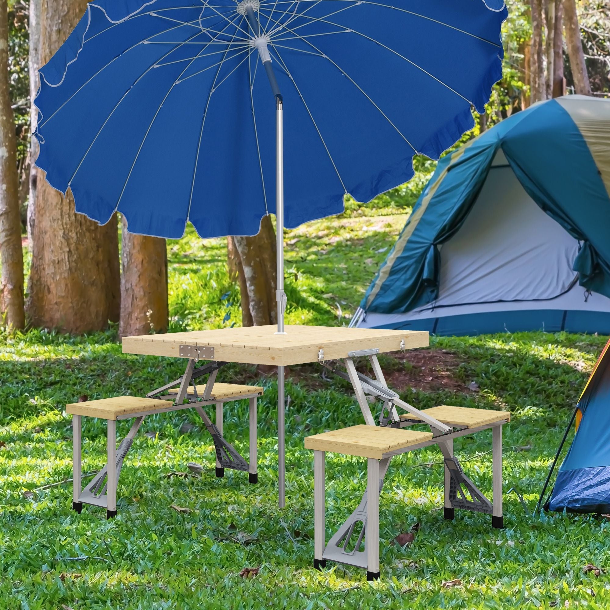 Aluminum Frame Folding Picnic Table, Portable Camping Table and Chairs Set with Umbrella Hole