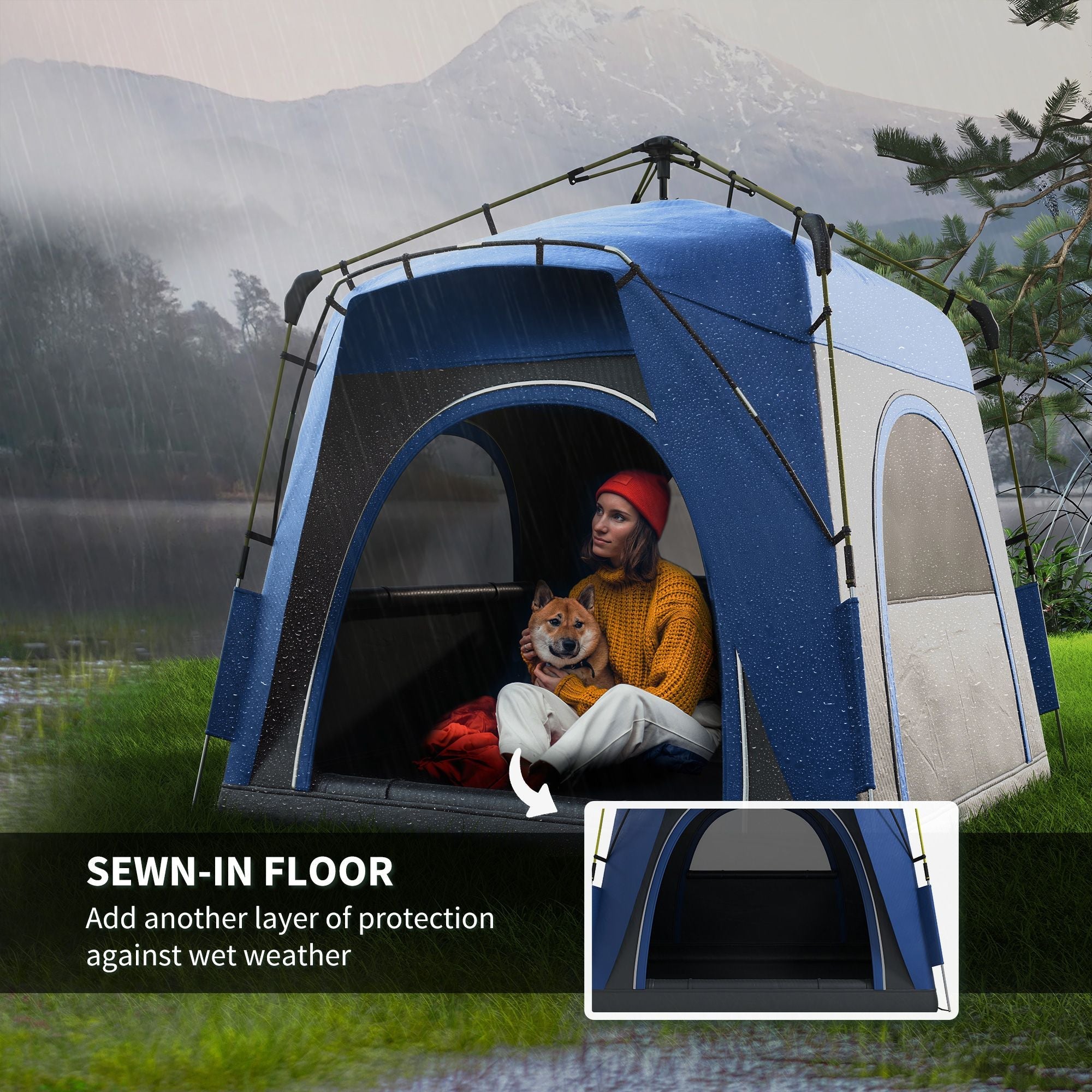 Camping Tents 4 Person Pop Up Tent Quick Setup Automatic Hydraulic Family Travel Tent w/ Windows, Doors Carry Bag Included