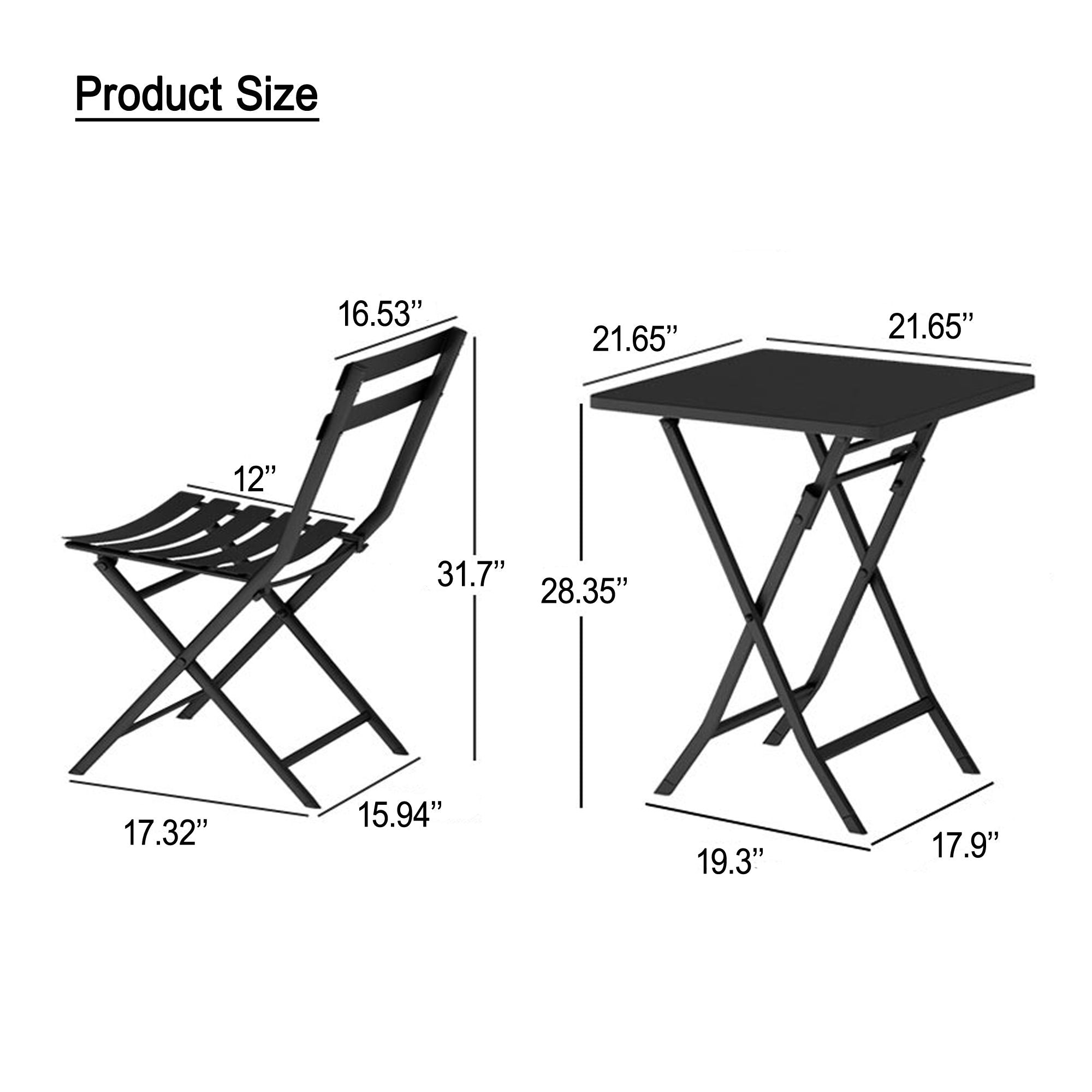 3 Piece Patio Bistro Set of Foldable Square Table and Chairs
