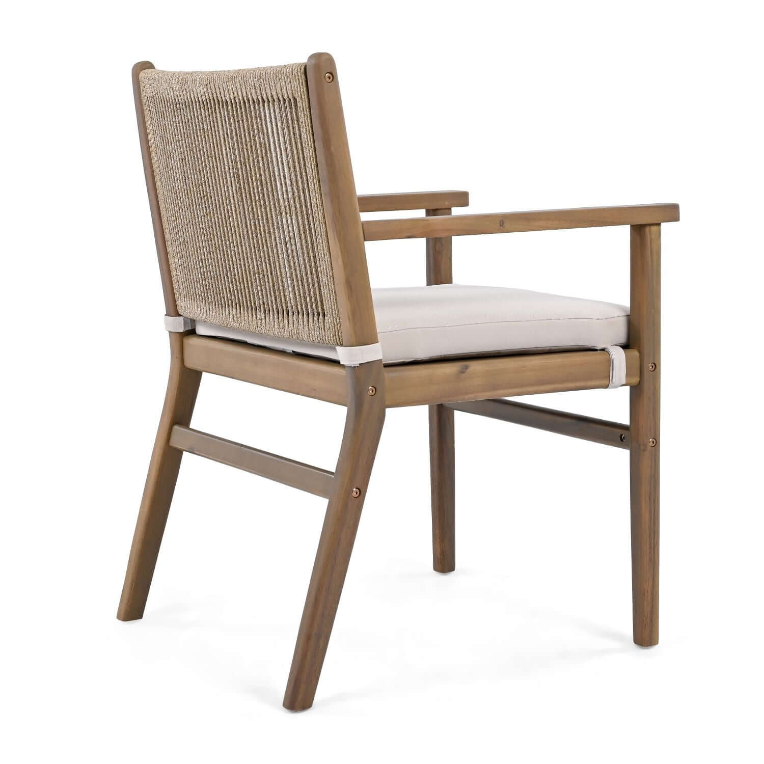 Outdoor Dining Chairs Set of 2, Acacia Wood Patio Armchair with Rope Design Back and Water Repellent Cushion, Light Brown, 400lbs Weight Capacity