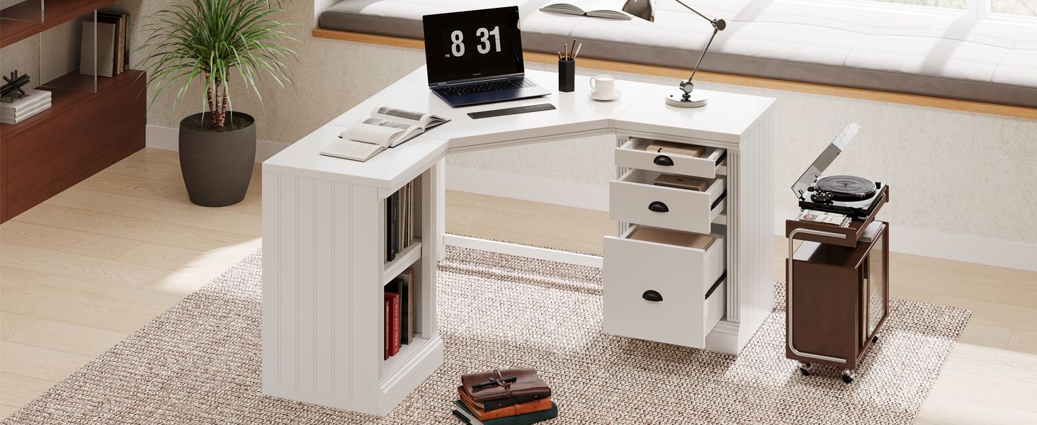 57.68" Modern L Shaped Executive Desk with 2 Storage Cabinets and 3 Drawers,Corner Writing Desk,Office Desk Furniture,Computer Desks with Depth Workstation for Home Office,Living room,White