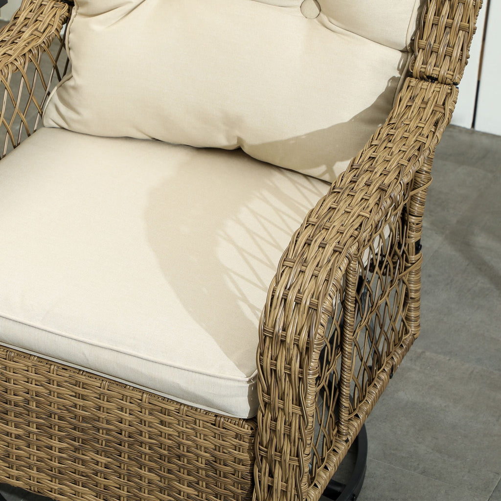 Outsunny 3 Piece Outdoor Bistro Set, Wicker Small Patio Furniture Set with Swivel Glider Chairs for Balcony, Porch, Beige