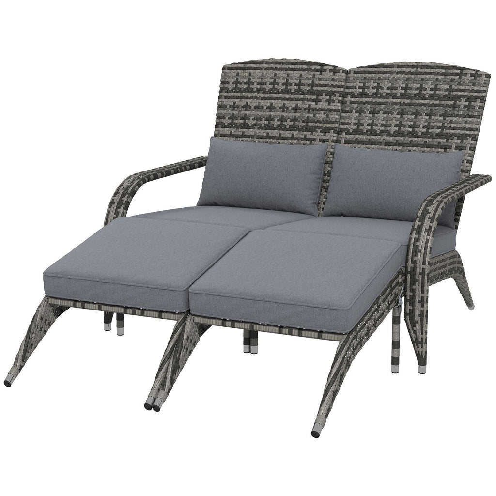 Outsunny Wicker Adirondack Chair for 2 with Cushions & Footrests, PE Rattan Double Chaise Lounge Chair, Fire Pit Chair for Porch with High-back, Wide Armrests, Mixed Gray