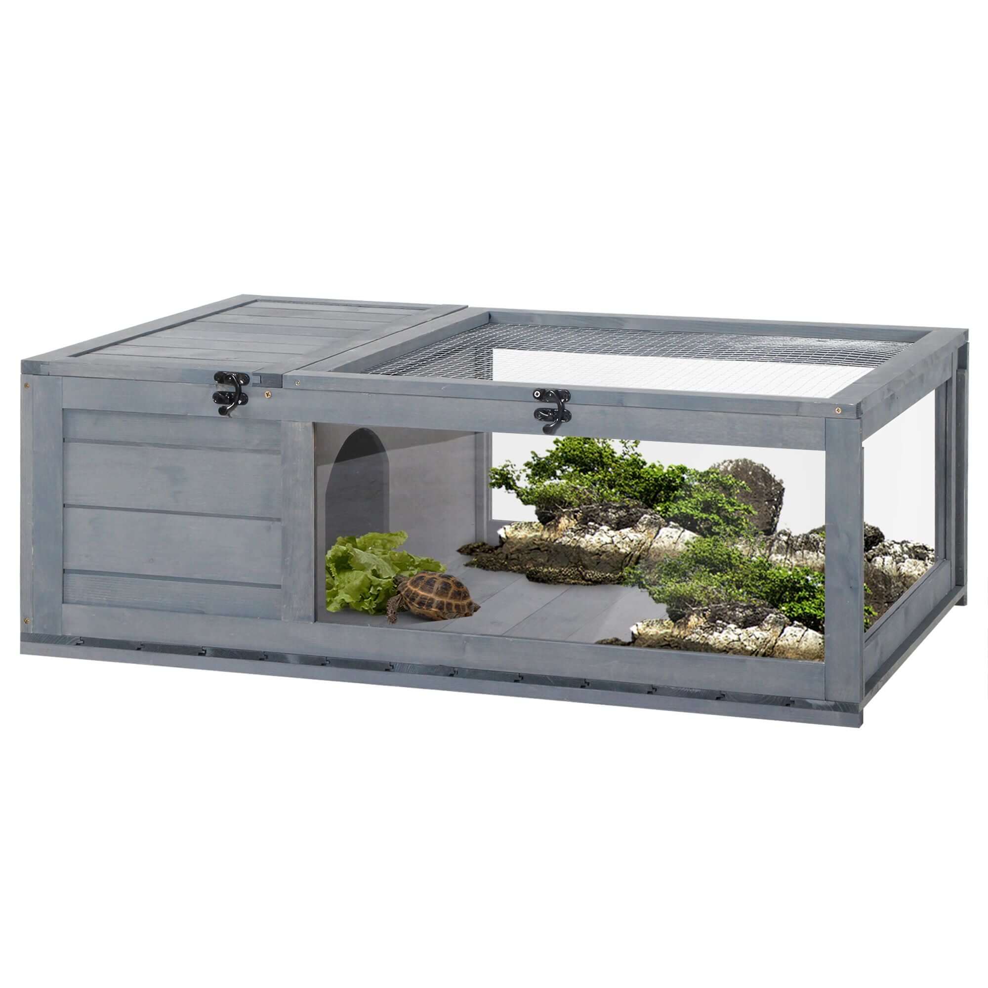 PawHut Wooden Tortoise House Indoor Turtle Habitat Enclosure Outdoor Reptile Cage Gray