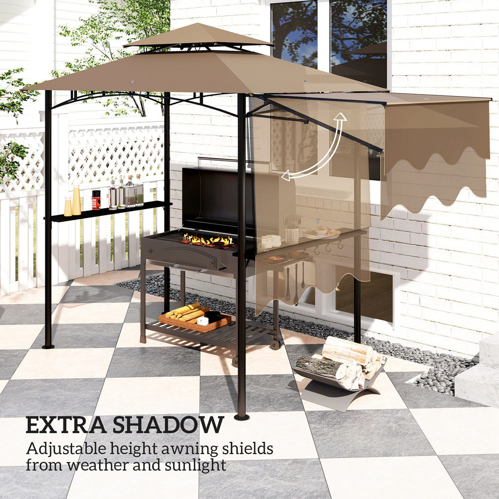 Outsunny 8' x 5' Outdoor Grill Gazebo, Barbecue Gazebo Shelter with Side Awning, 2 Side Shelves and 6 Hooks, Brown