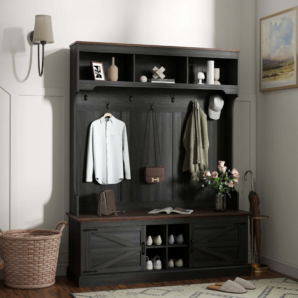 HOMCOM 3-in-1 Hall Tree with Shoe Storage, Coat Rack with Bench, Entryway Furniture with Hooks, Black Wood Grain