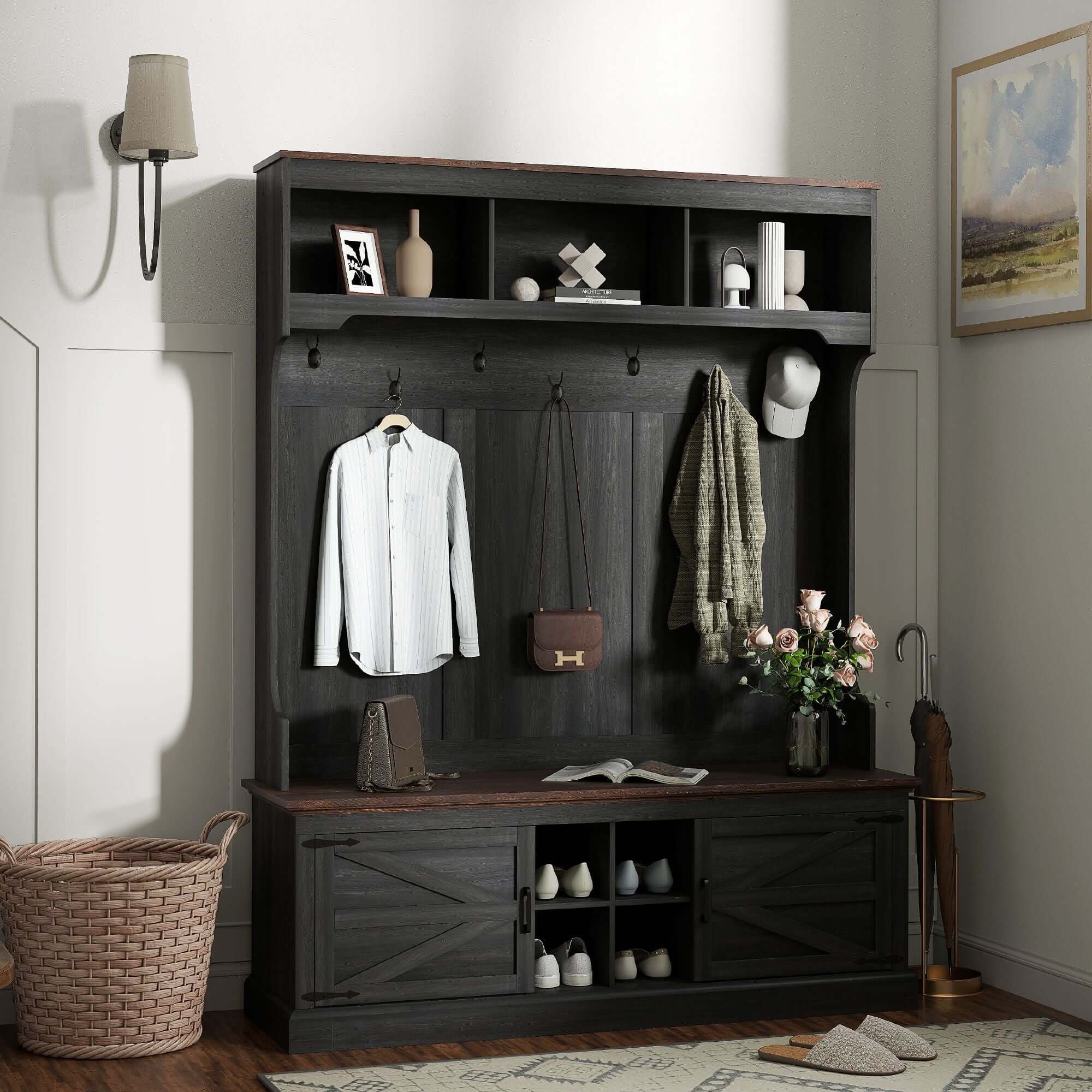 HOMCOM 3-in-1 Hall Tree with Shoe Storage, Coat Rack with Bench, Entryway Furniture with Hooks, Black Wood Grain