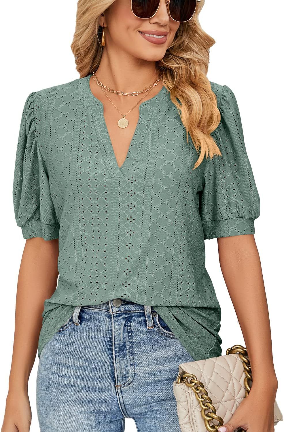 Womens Summer Tops, V Neck Ruffle Sleeve Blouses, Short Sleeve Casual Tops T-Shirts