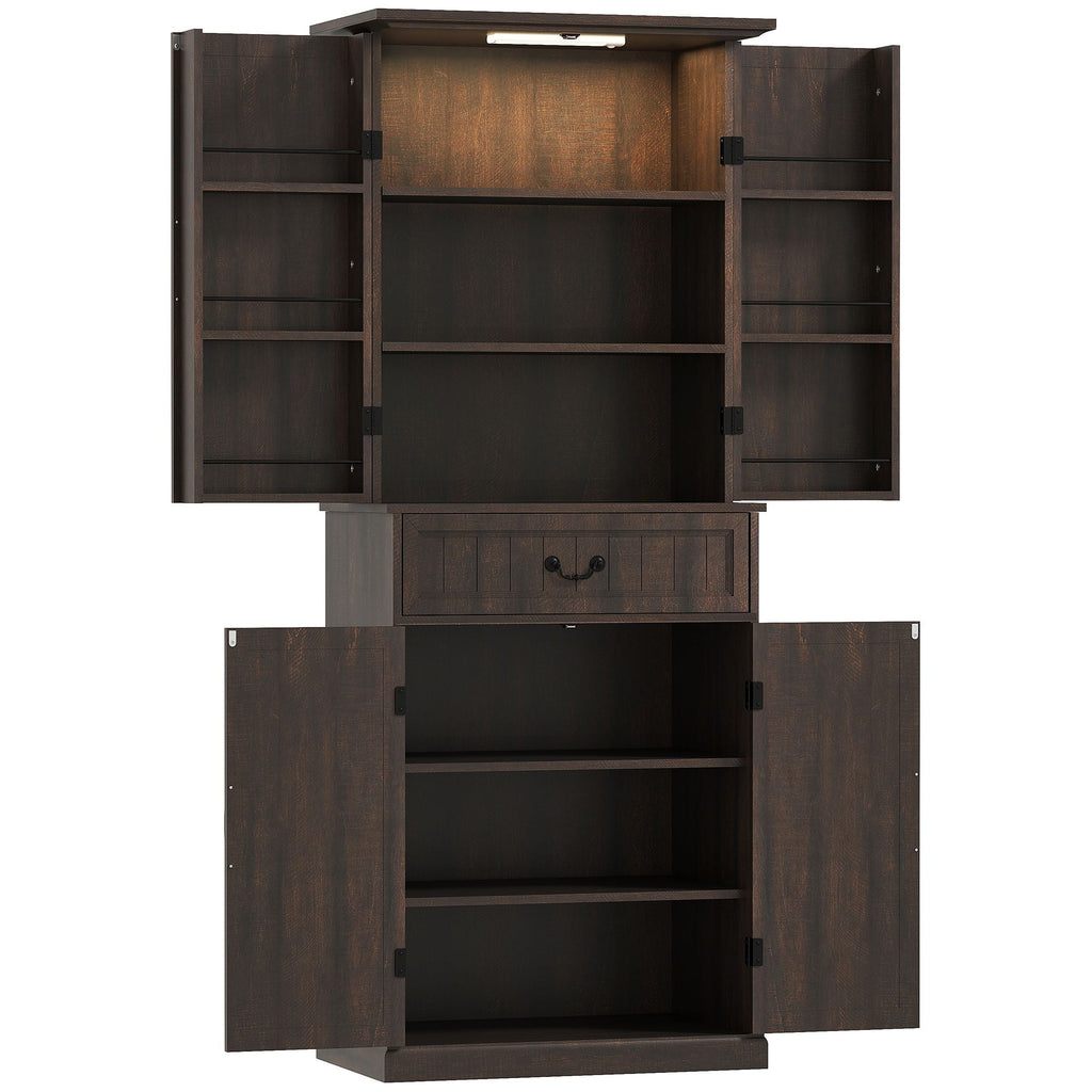 HOMCOM 71" LED Kitchen Pantry Cabinet, Farmhouse Storage Cabinet with Door Shelves, Distressed Brown