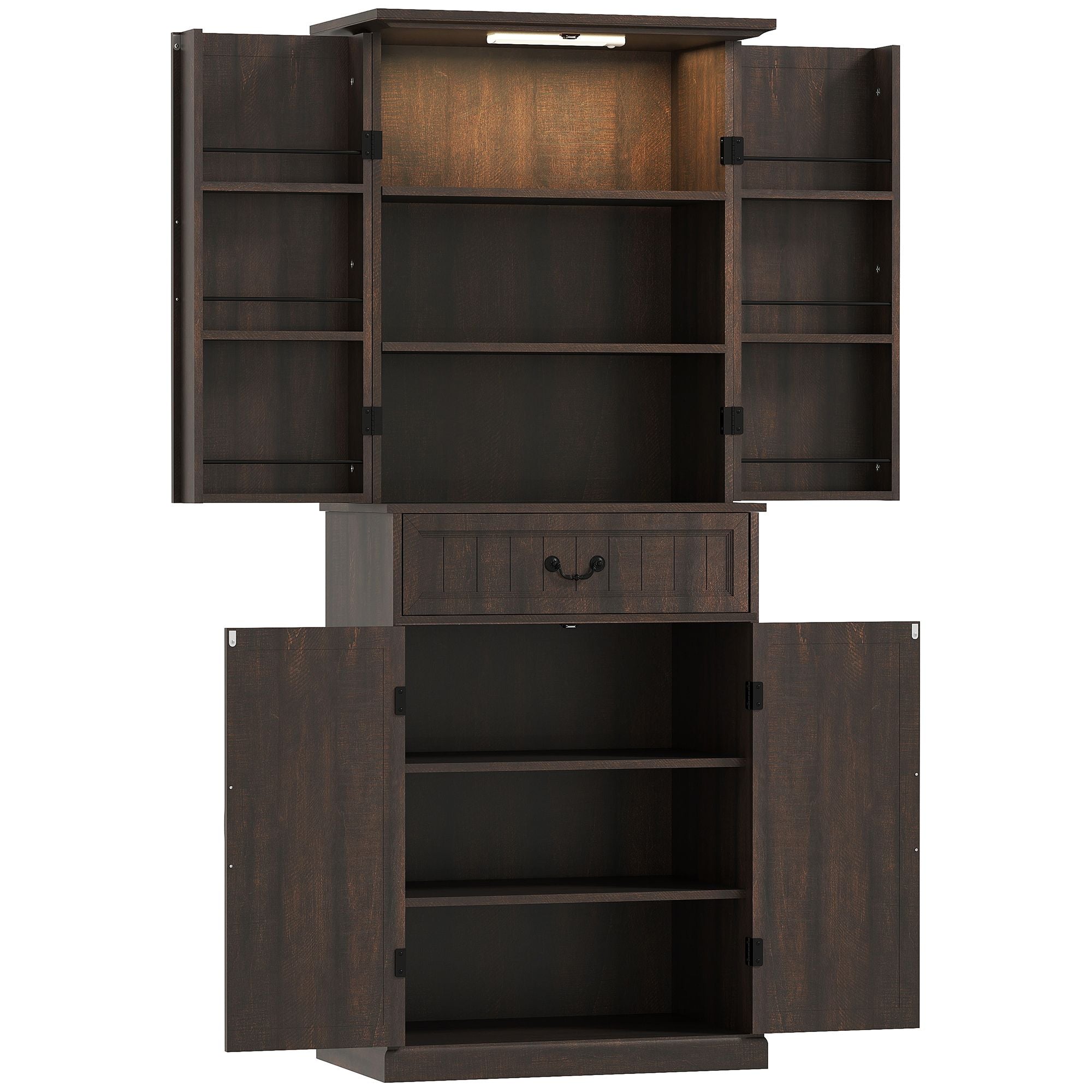 HOMCOM 71" LED Kitchen Pantry Cabinet, Farmhouse Storage Cabinet with Door Shelves, Distressed Brown