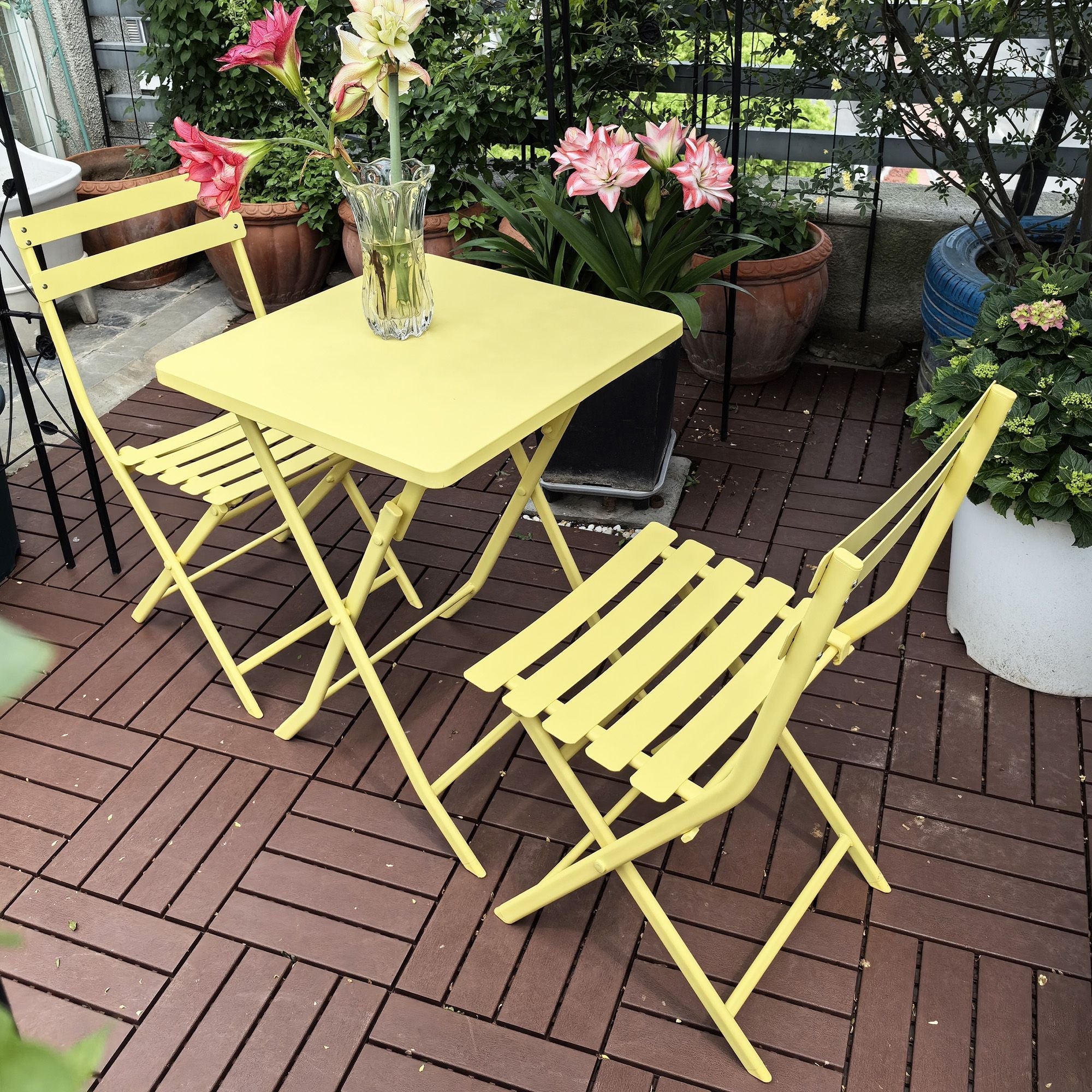 3 Piece Patio Bistro Set of Foldable Square Table and Chairs