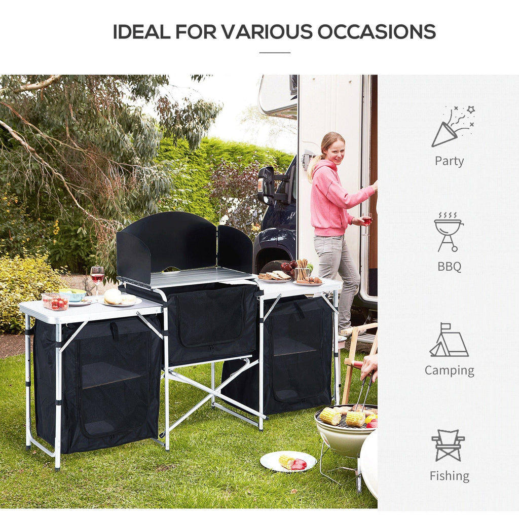 Portable Camping Kitchen Aluminum Table Windscreen 3 Cupboards BBQ Black
